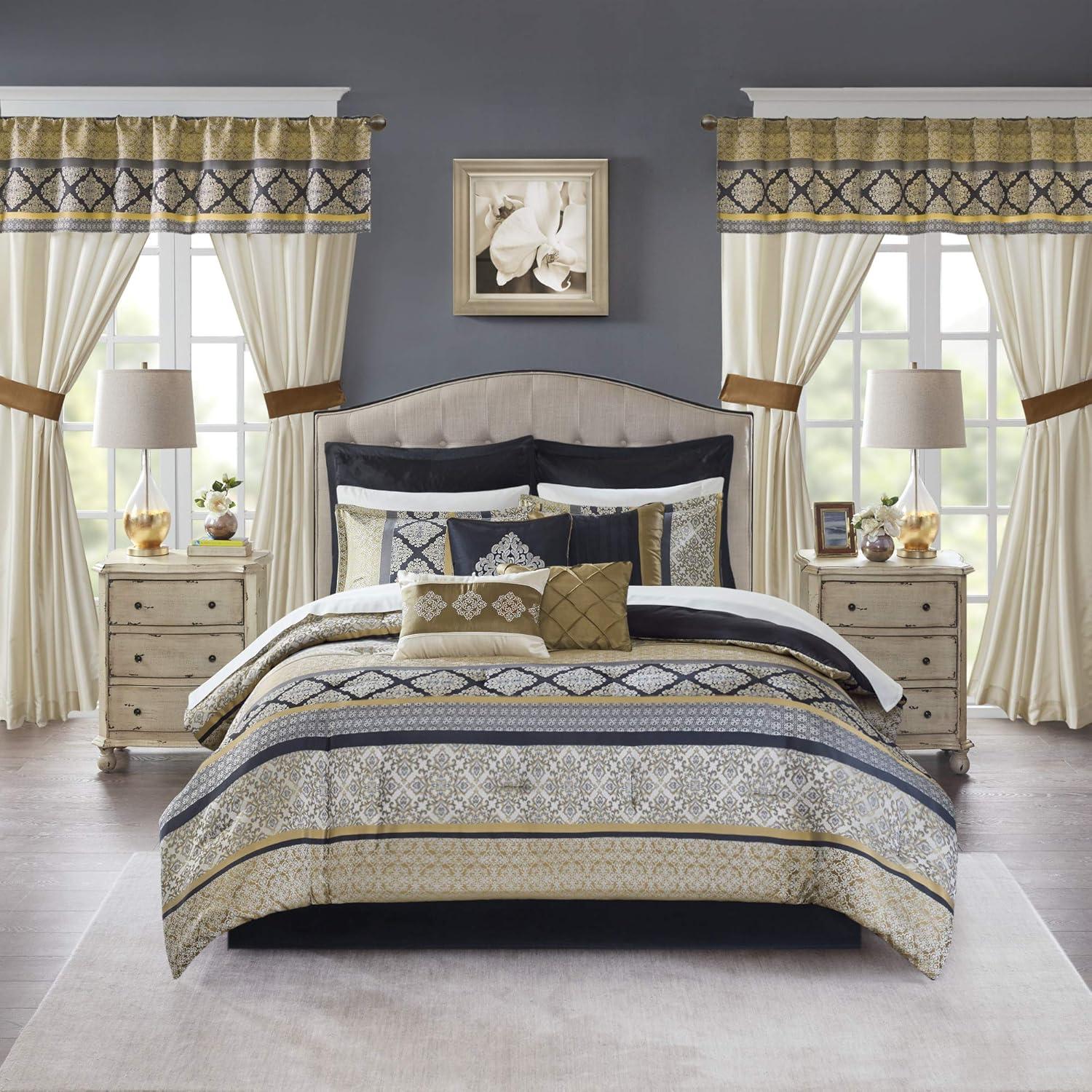 imageMadison Park Essentials Delaney 24Piece Room In A Bag Comforter SetSatin Jacquard All Season Luxury Bedding Sheets decorative pillows and Curtains Valance King104quotx92quot Medallion RedBlackGold