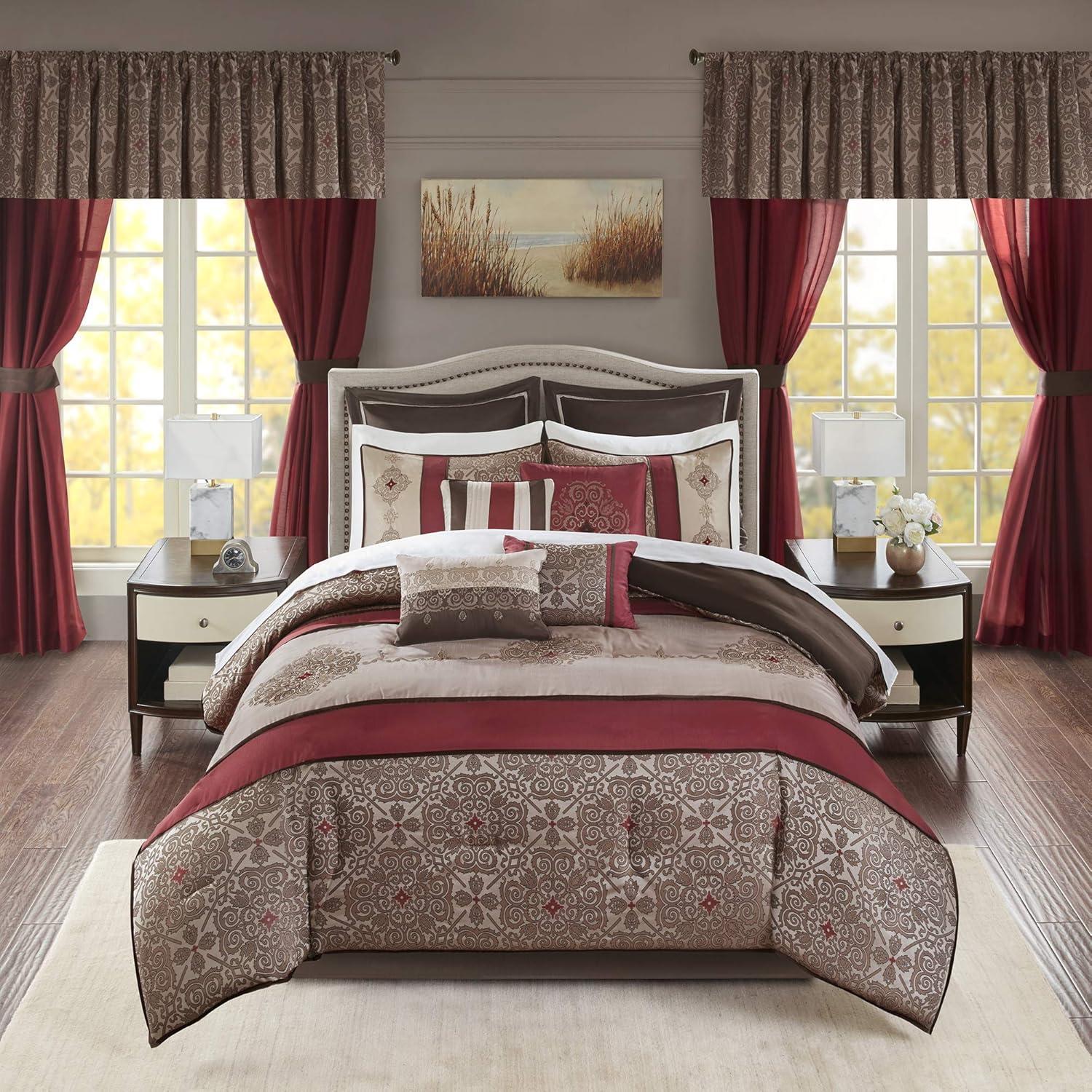 imageMadison Park Essentials Delaney 24Piece Room In A Bag Comforter SetSatin Jacquard All Season Luxury Bedding Sheets decorative pillows and Curtains Valance King104quotx92quot Medallion RedRed