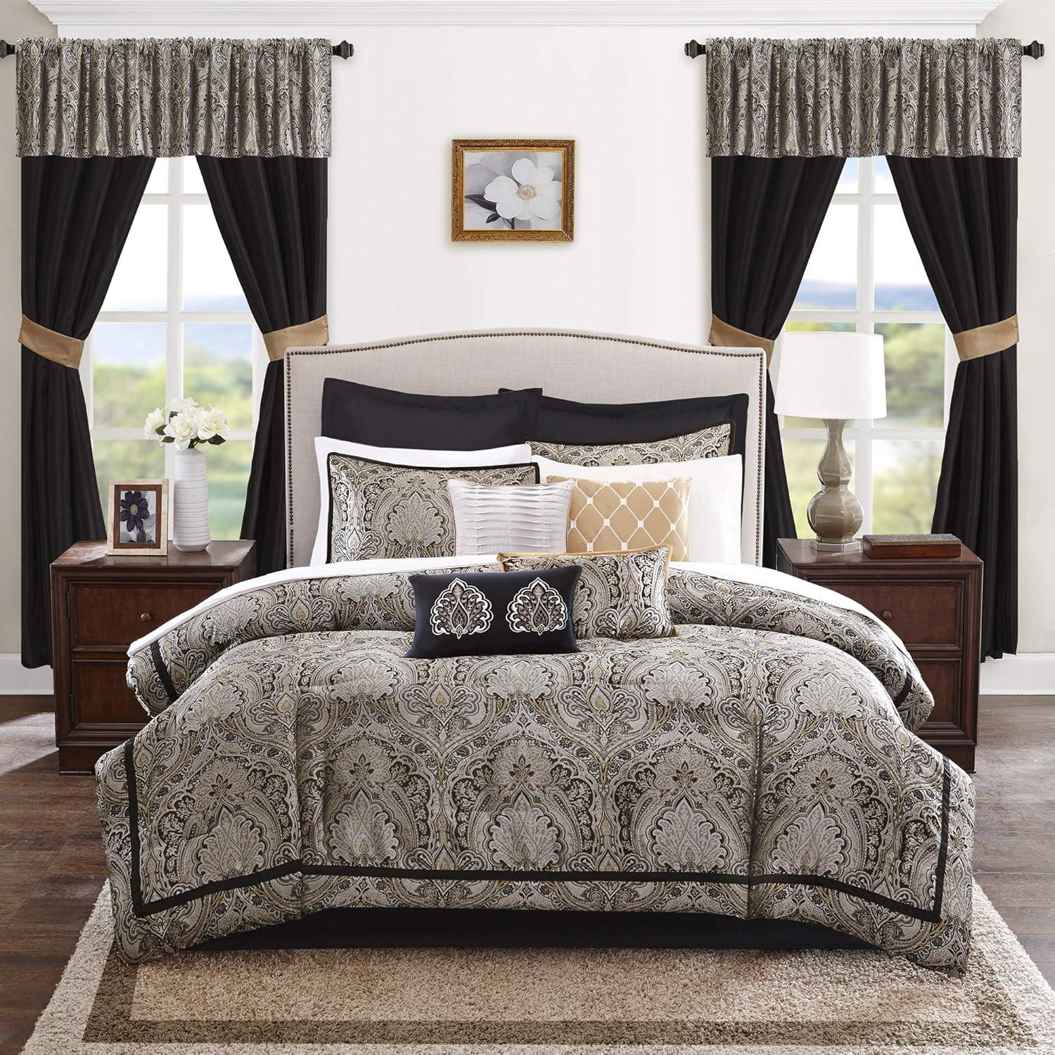 imageMadison Park Essentials Delaney 24Piece Room In A Bag Comforter SetSatin Jacquard All Season Luxury Bedding Sheets decorative pillows and Curtains Valance King104quotx92quot Medallion RedBlack