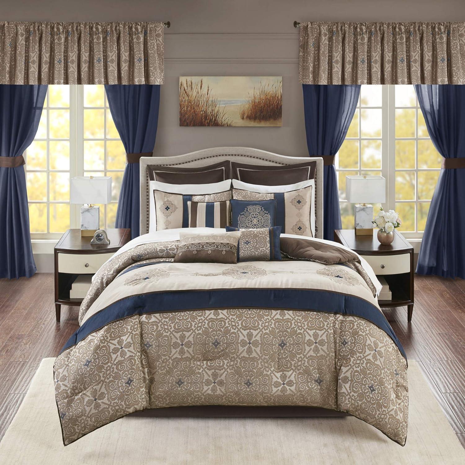 imageMadison Park Essentials Delaney 24Piece Room In A Bag Comforter SetSatin Jacquard All Season Luxury Bedding Sheets decorative pillows and Curtains Valance King104quotx92quot Medallion RedNavy