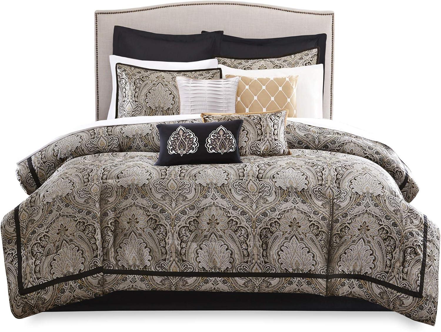 imageMadison Park Essentials Delaney 24Piece Room In A Bag Comforter SetSatin Jacquard All Season Luxury Bedding Sheets decorative pillows and Curtains Valance King104quotx92quot Medallion RedBlack