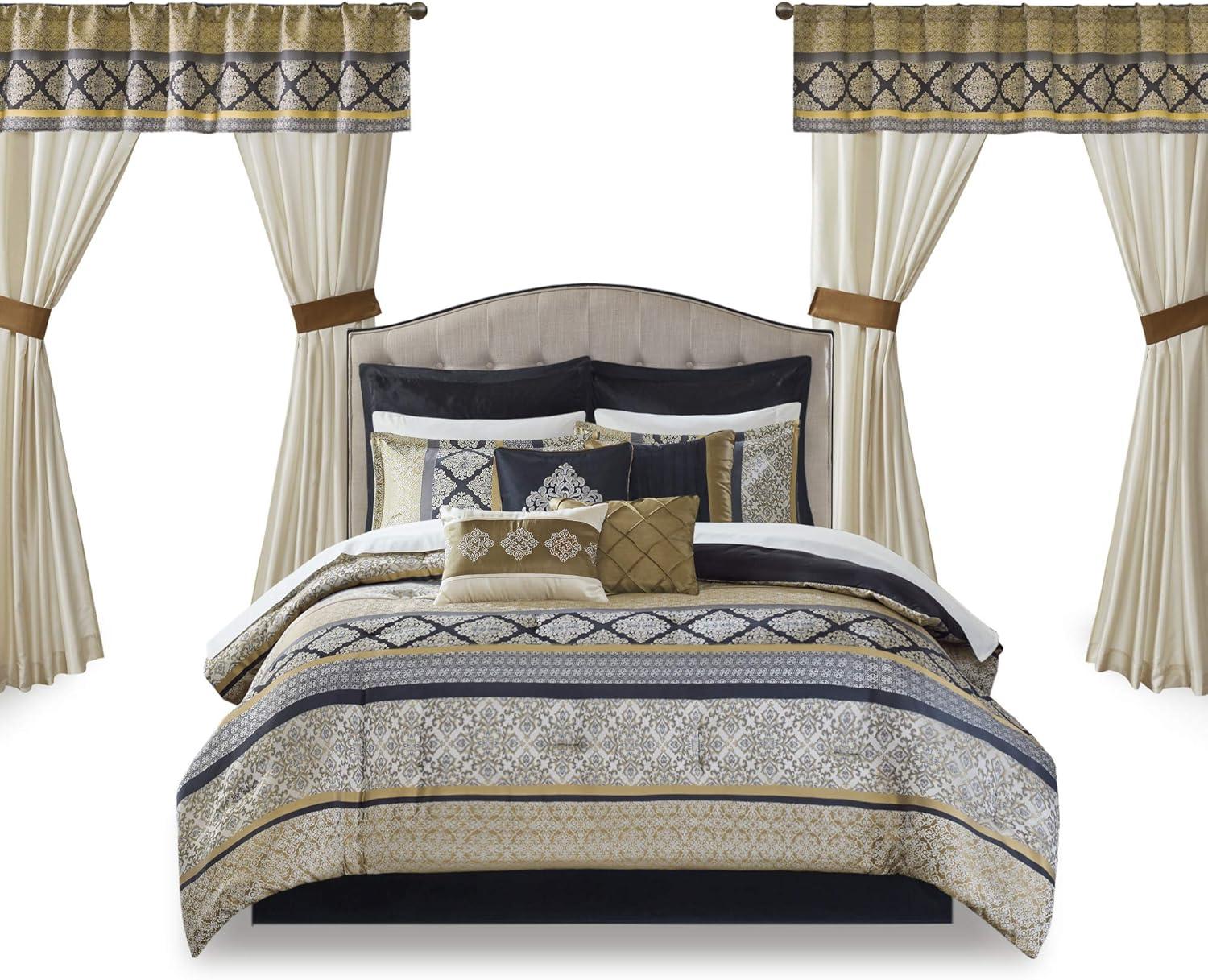 imageMadison Park Essentials Delaney 24Piece Room In A Bag Comforter SetSatin Jacquard All Season Luxury Bedding Sheets decorative pillows and Curtains Valance King104quotx92quot Medallion RedBlackGold