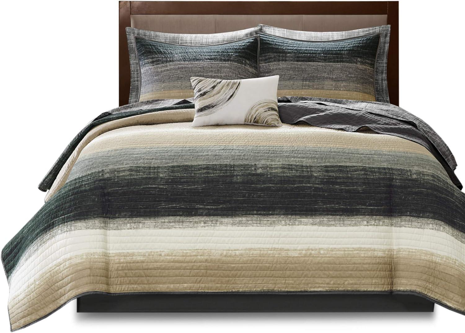 imageMadison Park Essentials Saben Cozy Bed in A Bag Reversible Quilt with Complete Cotton Sheet SetGeometric Design All Season Cover Decorative Pillow Cal King104quotx92quot Stripes Aqua 8 PieceStripes Taupe Coverlet Biab 8pcs