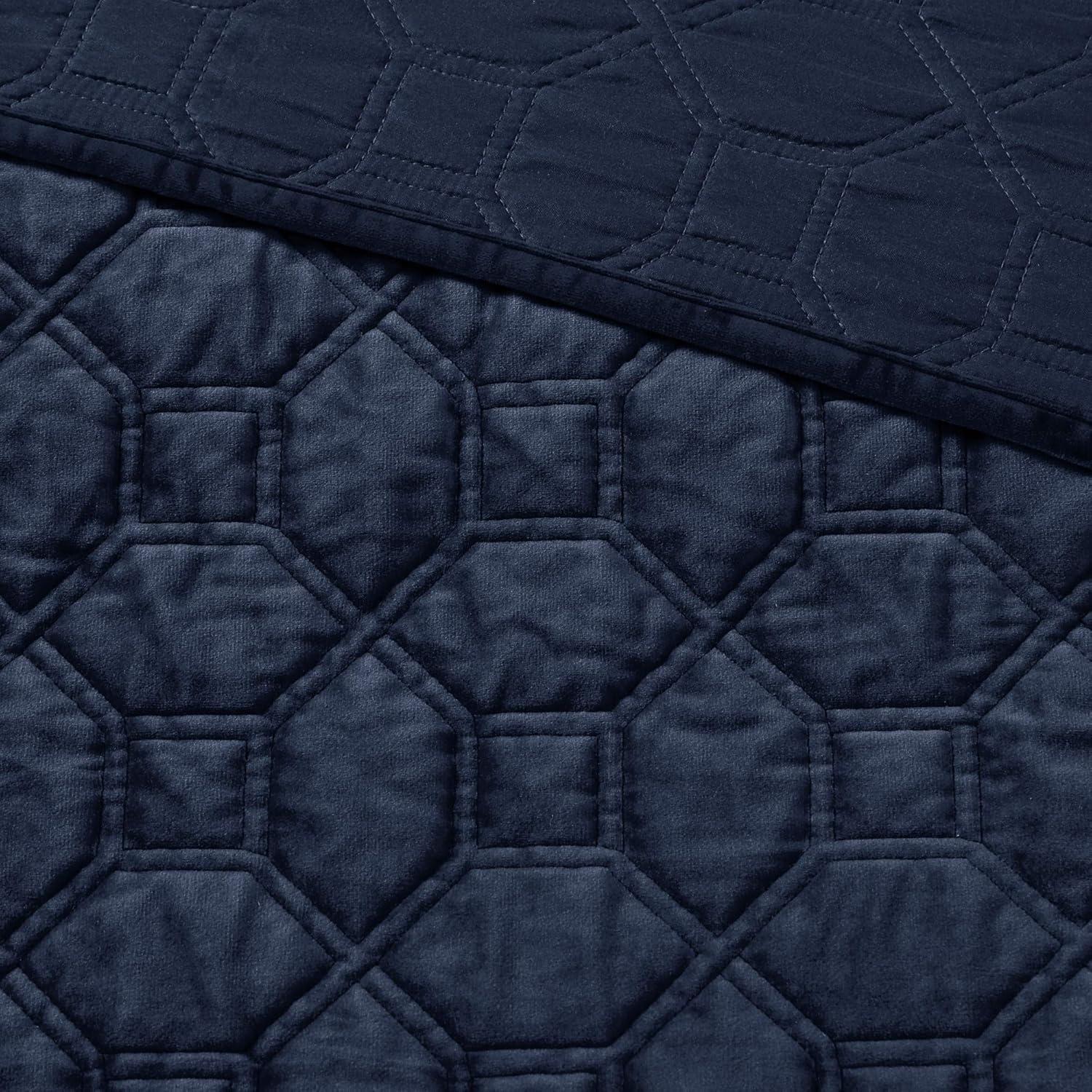 imageMadison Park Harper Quilt Set Velvet Casual Geometric Stitching Design All Season Lightweight Coverlet Cozy Bedding Matching Shams FullQueen90quotx90quot Ivory 3 PieceNavy