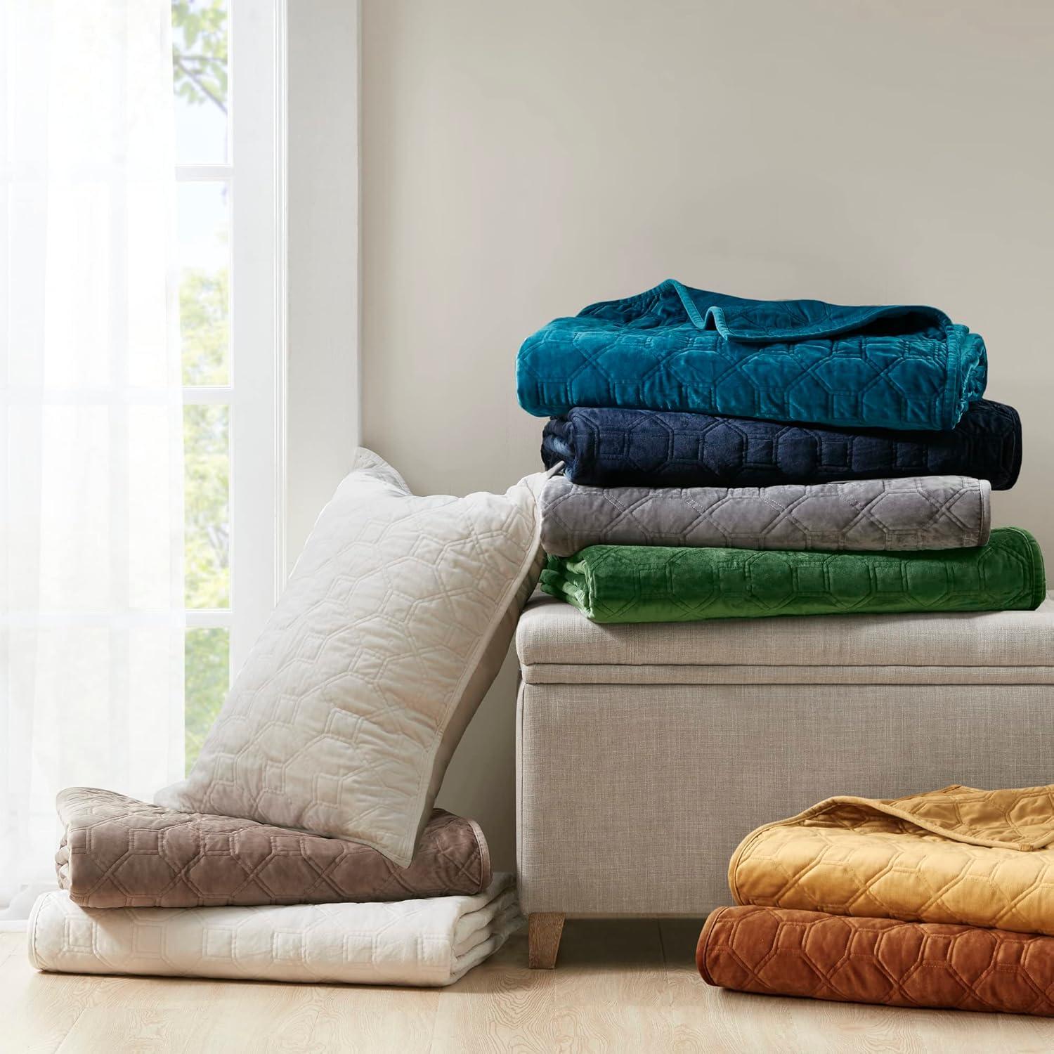 imageMadison Park Harper Quilt Set Velvet Casual Geometric Stitching Design All Season Lightweight Coverlet Cozy Bedding Matching Shams FullQueen90quotx90quot Ivory 3 PieceNavy