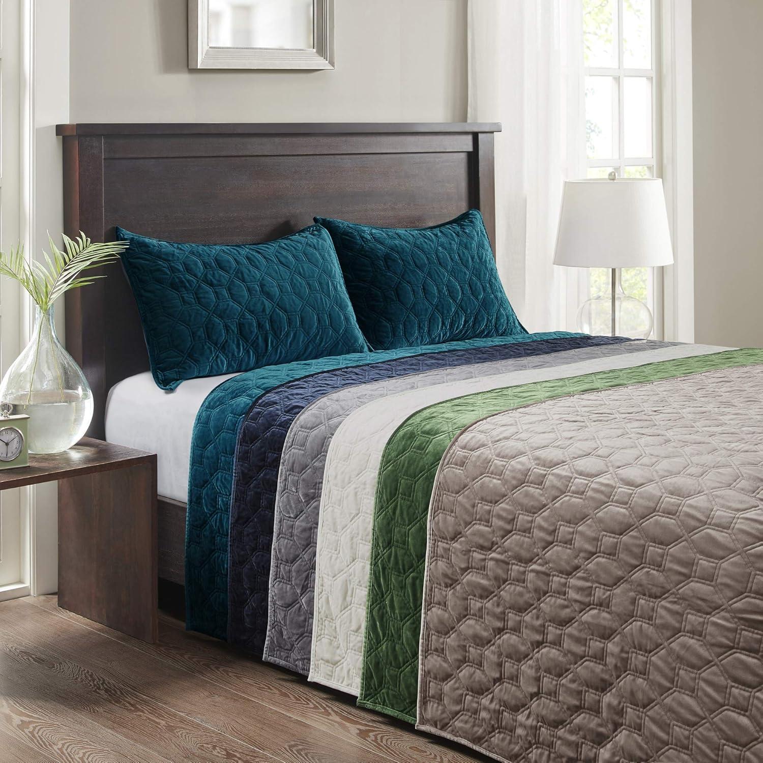 imageMadison Park Harper Quilt Set Velvet Casual Geometric Stitching Design All Season Lightweight Coverlet Cozy Bedding Matching Shams FullQueen90quotx90quot Ivory 3 PieceNavy