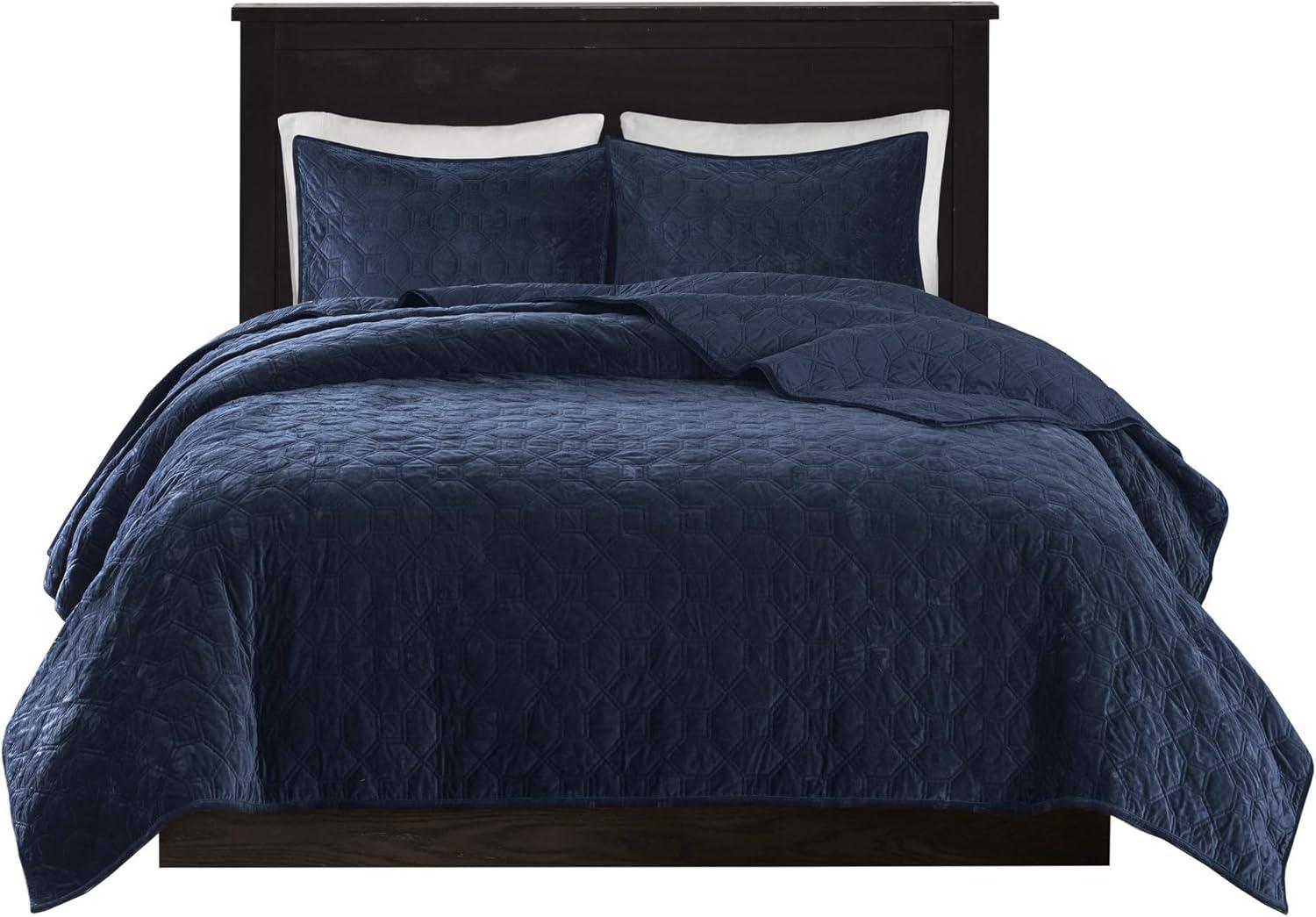 imageMadison Park Harper Quilt Set Velvet Casual Geometric Stitching Design All Season Lightweight Coverlet Cozy Bedding Matching Shams FullQueen90quotx90quot Ivory 3 PieceNavy