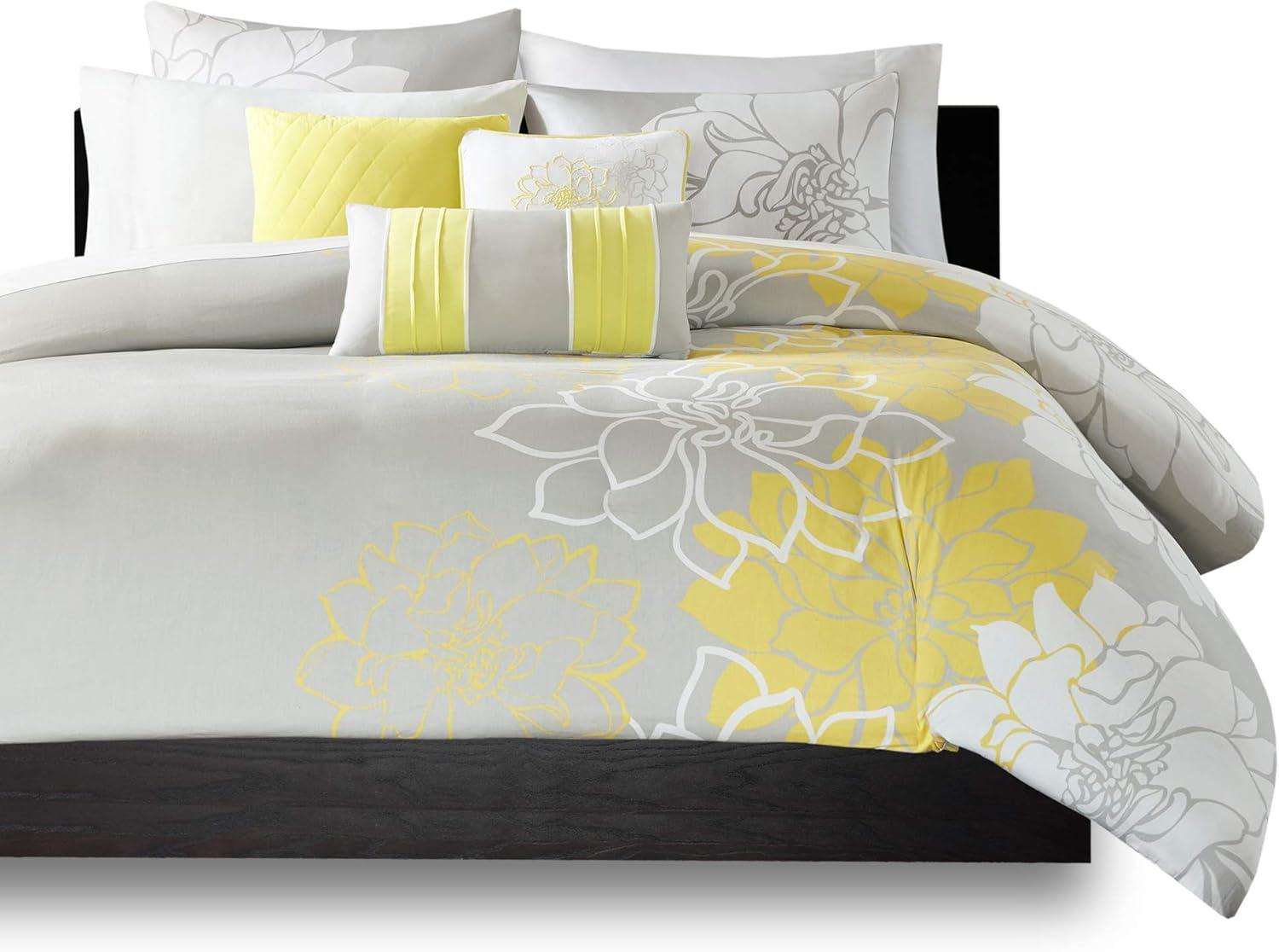 imageMadison Park Lola 100 Cotton Duvet Set Beautiful Floral Pattern Ruffle Border Design All Season Breathable Comforter Cover Bedding Matching Shams FullQueen90quotx90quot PurpleGrey 6 PieceYellowGrey