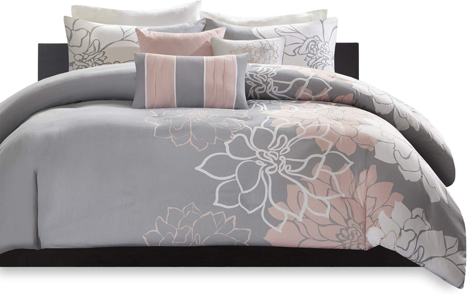 imageMadison Park Lola 100 Cotton Duvet Set Beautiful Floral Pattern Ruffle Border Design All Season Breathable Comforter Cover Bedding Matching Shams FullQueen90quotx90quot PurpleGrey 6 PieceBlushGrey