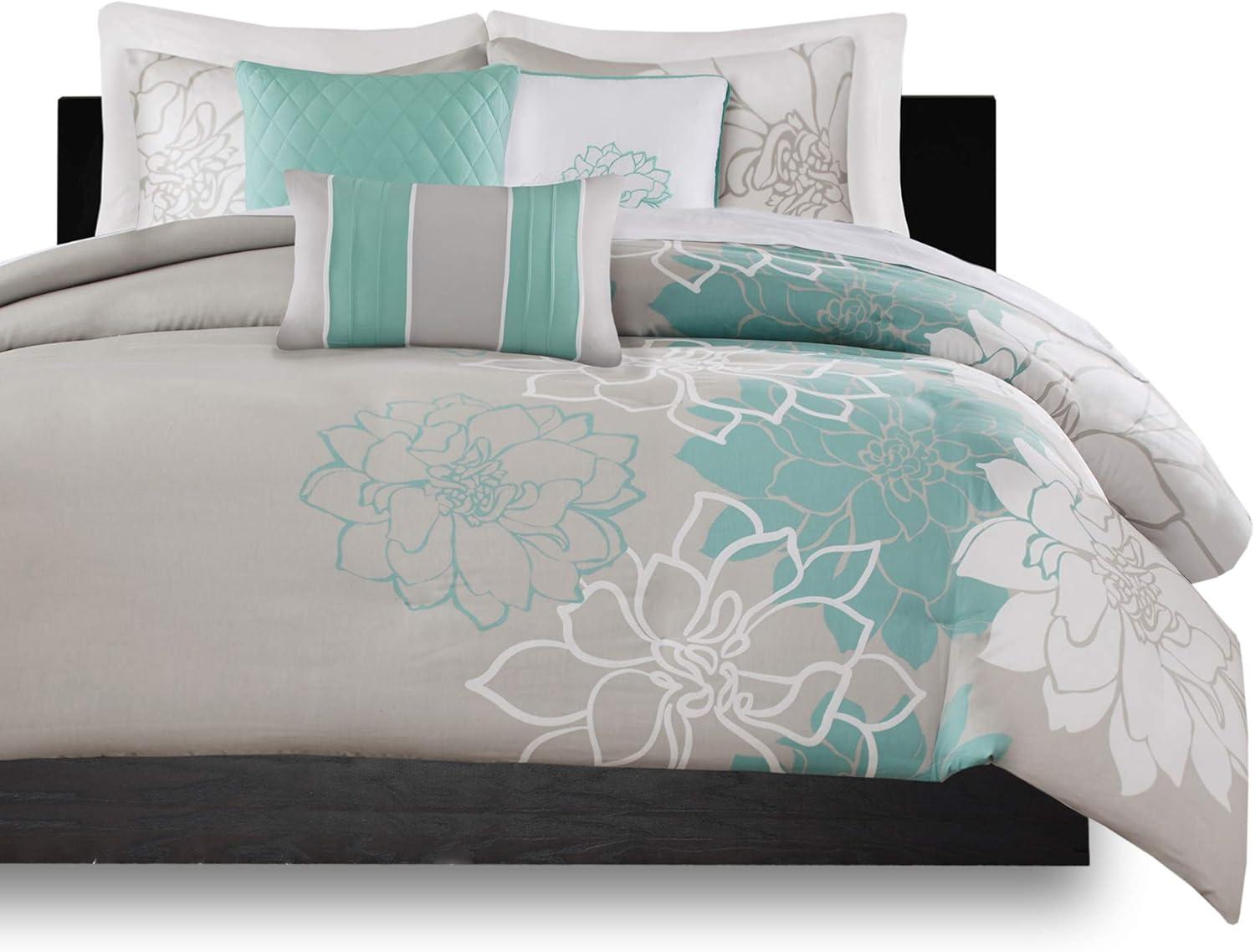imageMadison Park Lola 100 Cotton Duvet Set Beautiful Floral Pattern Ruffle Border Design All Season Breathable Comforter Cover Bedding Matching Shams FullQueen90quotx90quot PurpleGrey 6 PieceAquaGrey