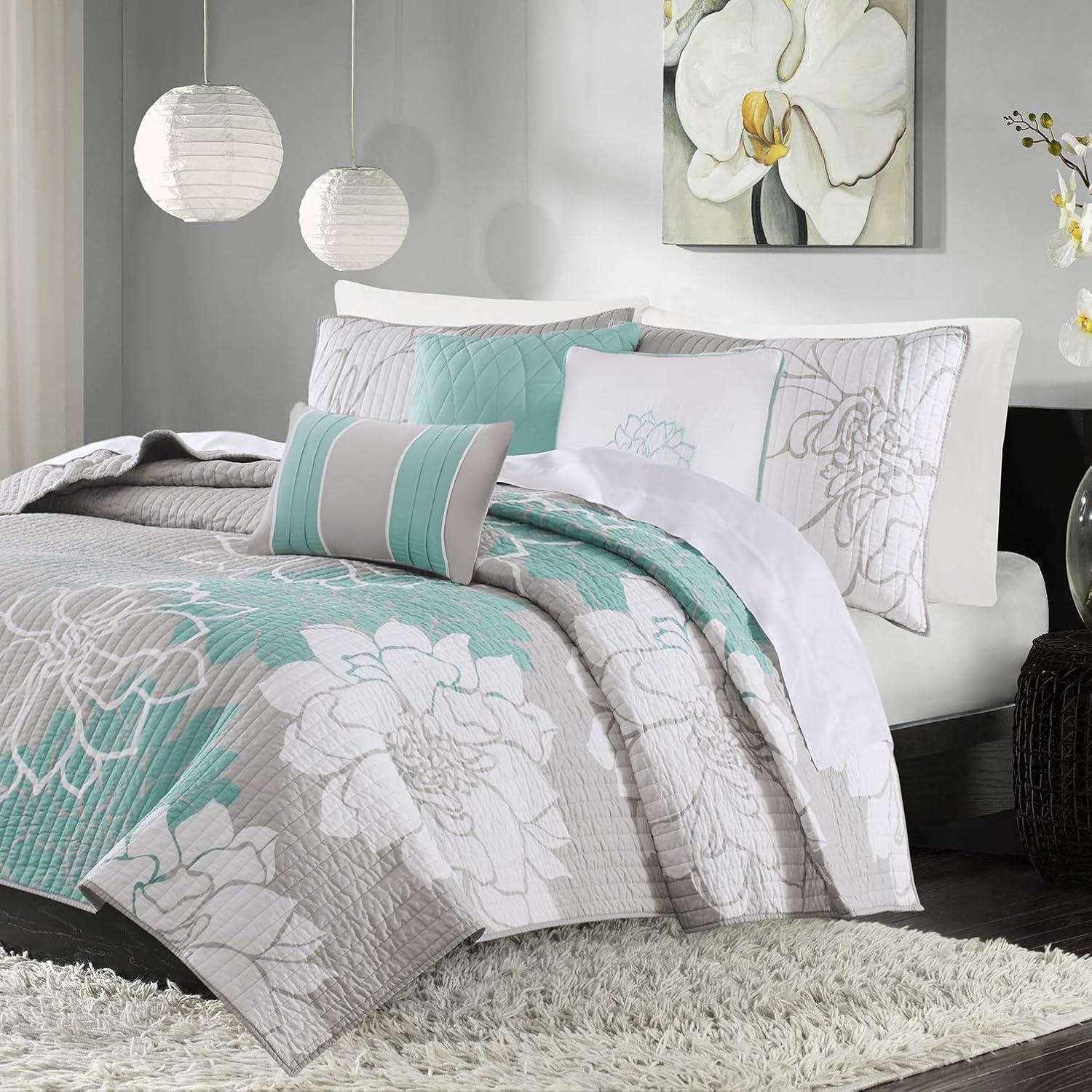 imageMadison Park Lola 100 Cotton Quilt SetCasual Floral Channel Stitching Design All Season Lightweight Coverlet Bedspread Bedding Shams Decorative Pillows FullQueen 90 in x 90 in Purple 6 PieceLola Aqua