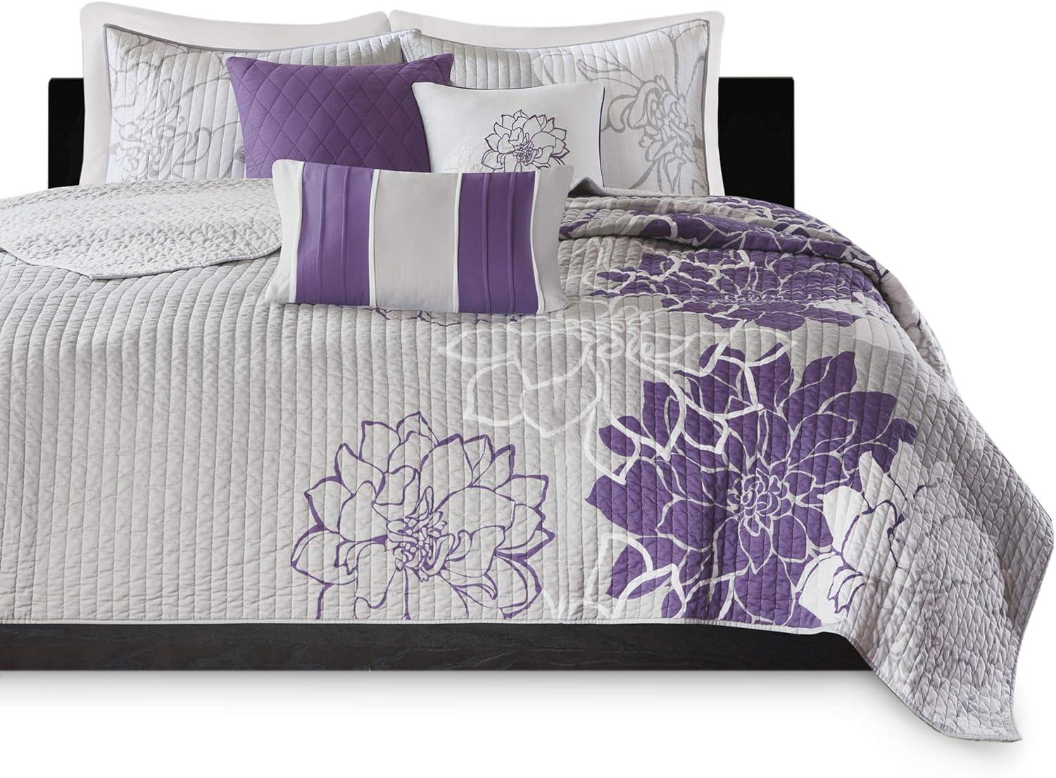 imageMadison Park Lola 100 Cotton Quilt SetCasual Floral Channel Stitching Design All Season Lightweight Coverlet Bedspread Bedding Shams Decorative Pillows FullQueen 90 in x 90 in Purple 6 PieceLola Purple