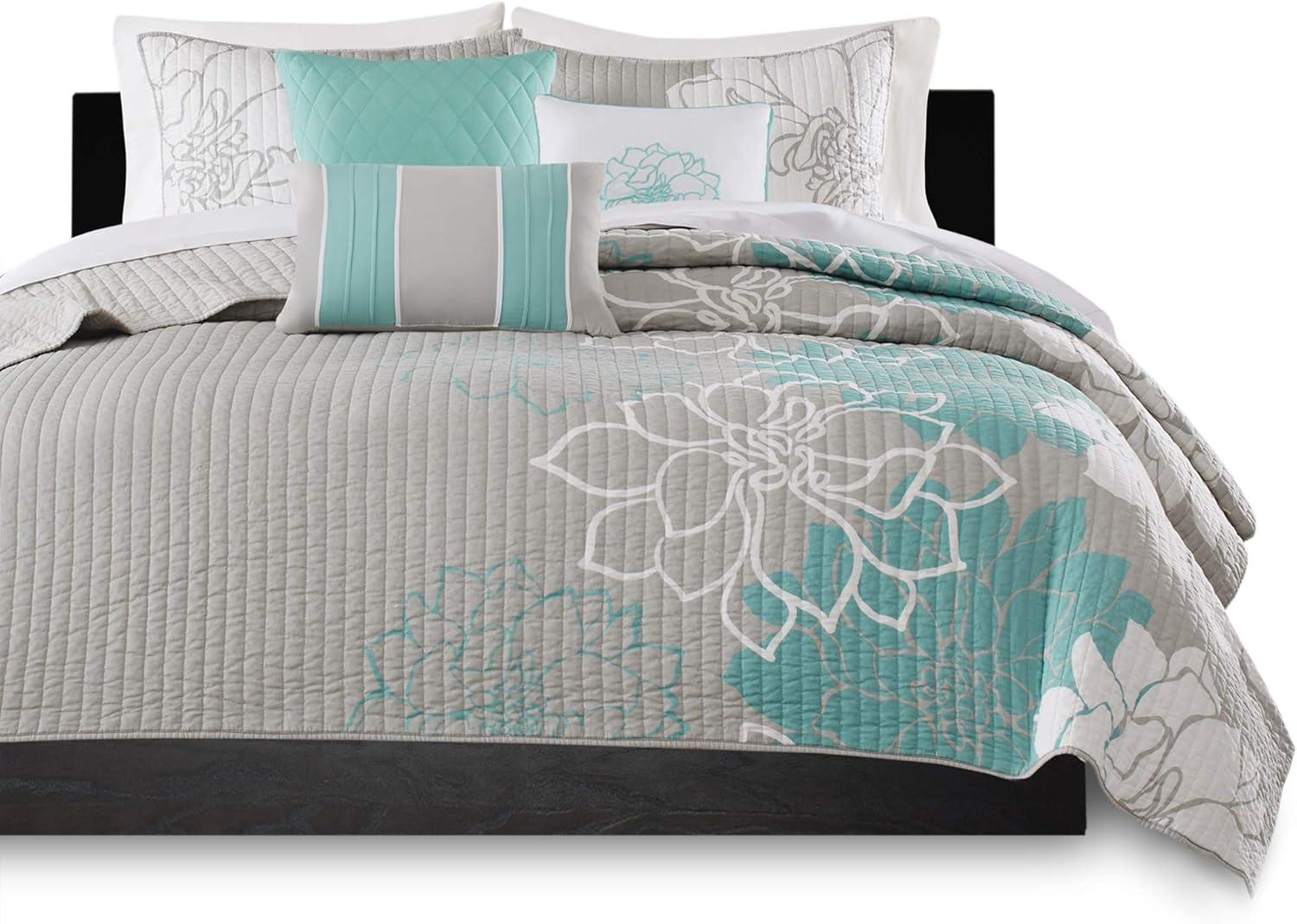 imageMadison Park Lola 100 Cotton Quilt SetCasual Floral Channel Stitching Design All Season Lightweight Coverlet Bedspread Bedding Shams Decorative Pillows FullQueen 90 in x 90 in Purple 6 PieceLola Aqua