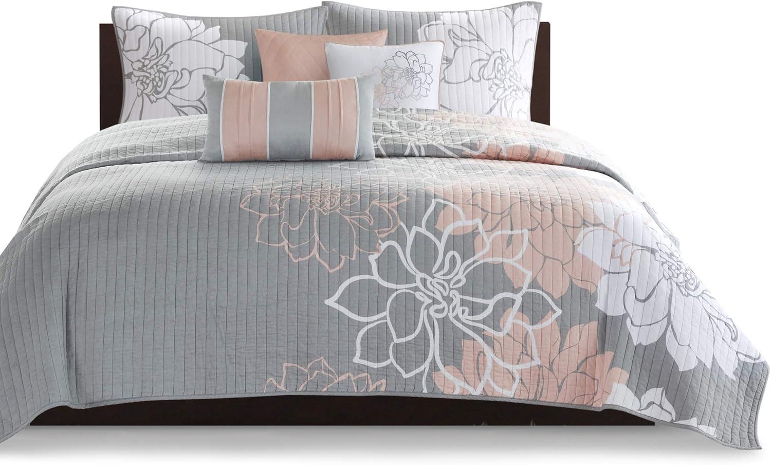 imageMadison Park Lola 100 Cotton Quilt SetCasual Floral Channel Stitching Design All Season Lightweight Coverlet Bedspread Bedding Shams Decorative Pillows FullQueen 90 in x 90 in Purple 6 PieceLola Blush