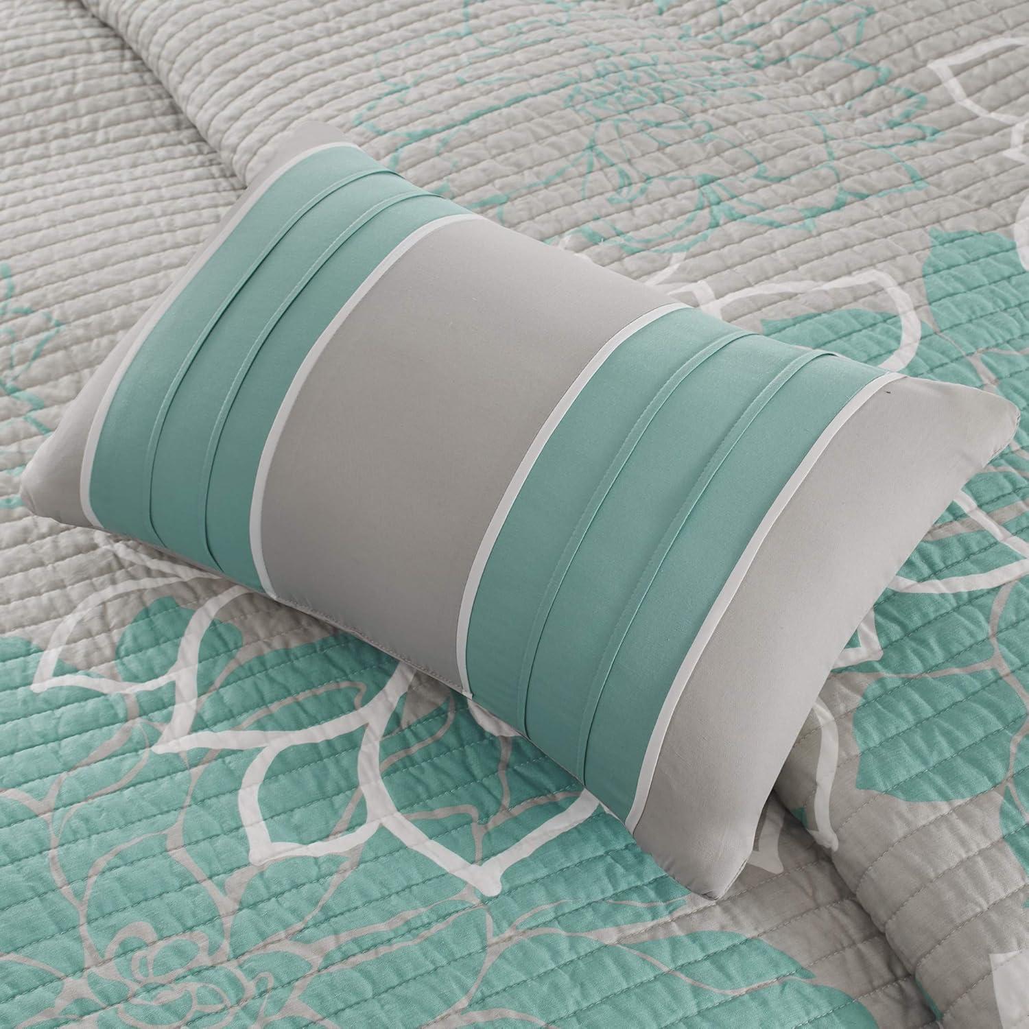 imageMadison Park Lola 100 Cotton Quilt SetCasual Floral Channel Stitching Design All Season Lightweight Coverlet Bedspread Bedding Shams Decorative Pillows FullQueen 90 in x 90 in Purple 6 PieceLola Aqua