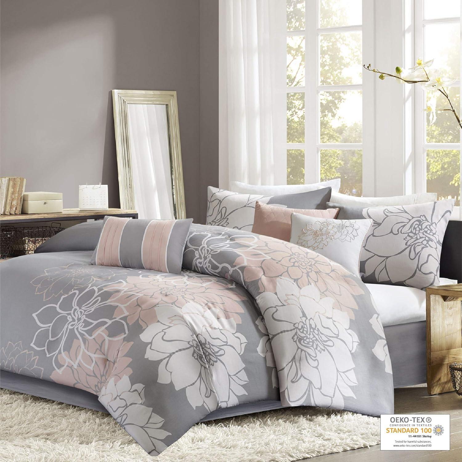 imageMadison Park Lola Sateen Cotton Comforter SetCasual Medallion Floral Design All Season Down Alternative Bedding Shams Bedskirt Decorative Pillows Queen GreyAqua 7 PieceTaupe GreyPeach