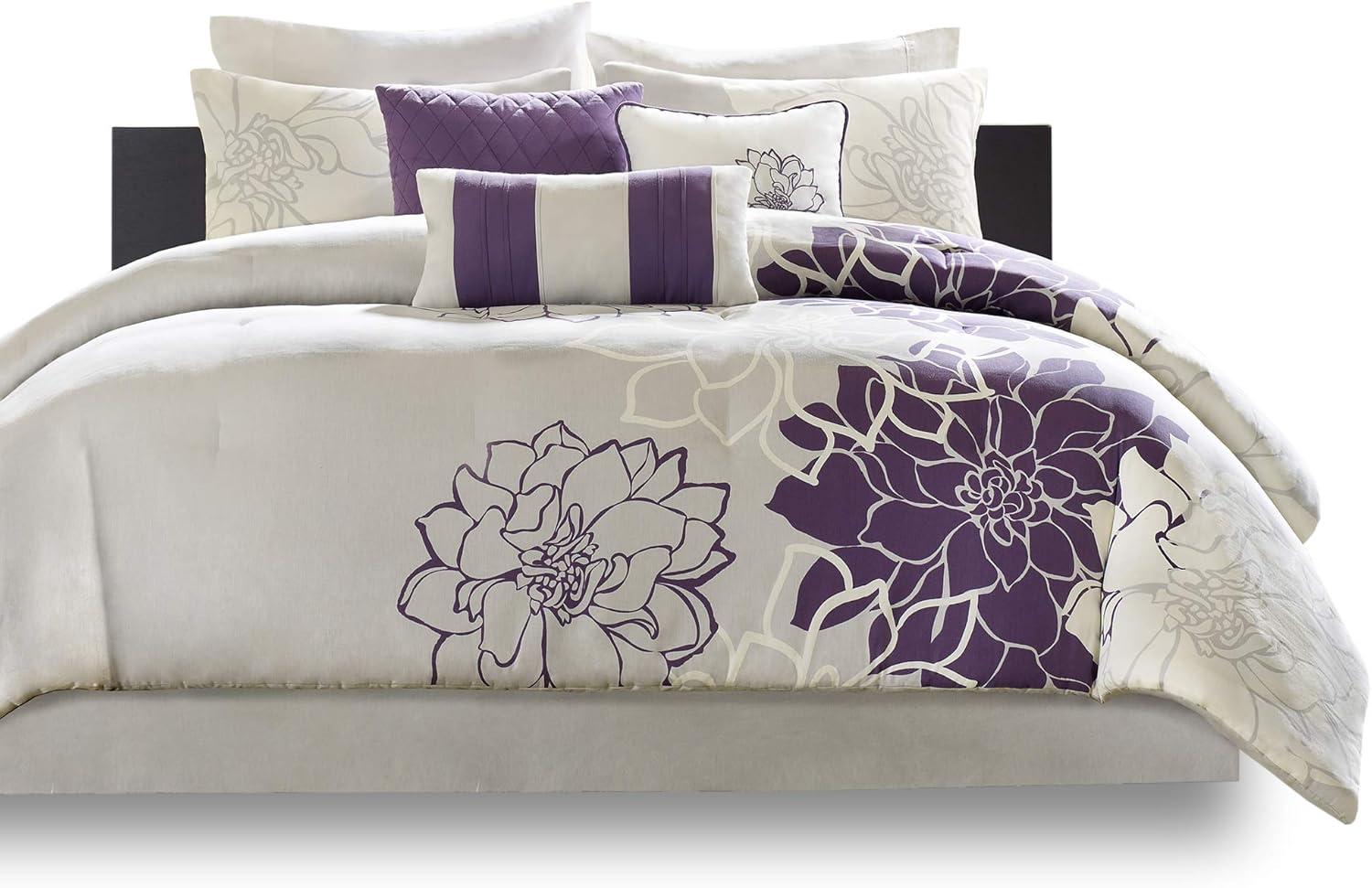 imageMadison Park Lola Sateen Cotton Comforter SetCasual Medallion Floral Design All Season Down Alternative Bedding Shams Bedskirt Decorative Pillows Queen GreyAqua 7 PieceFloral GreyPurple