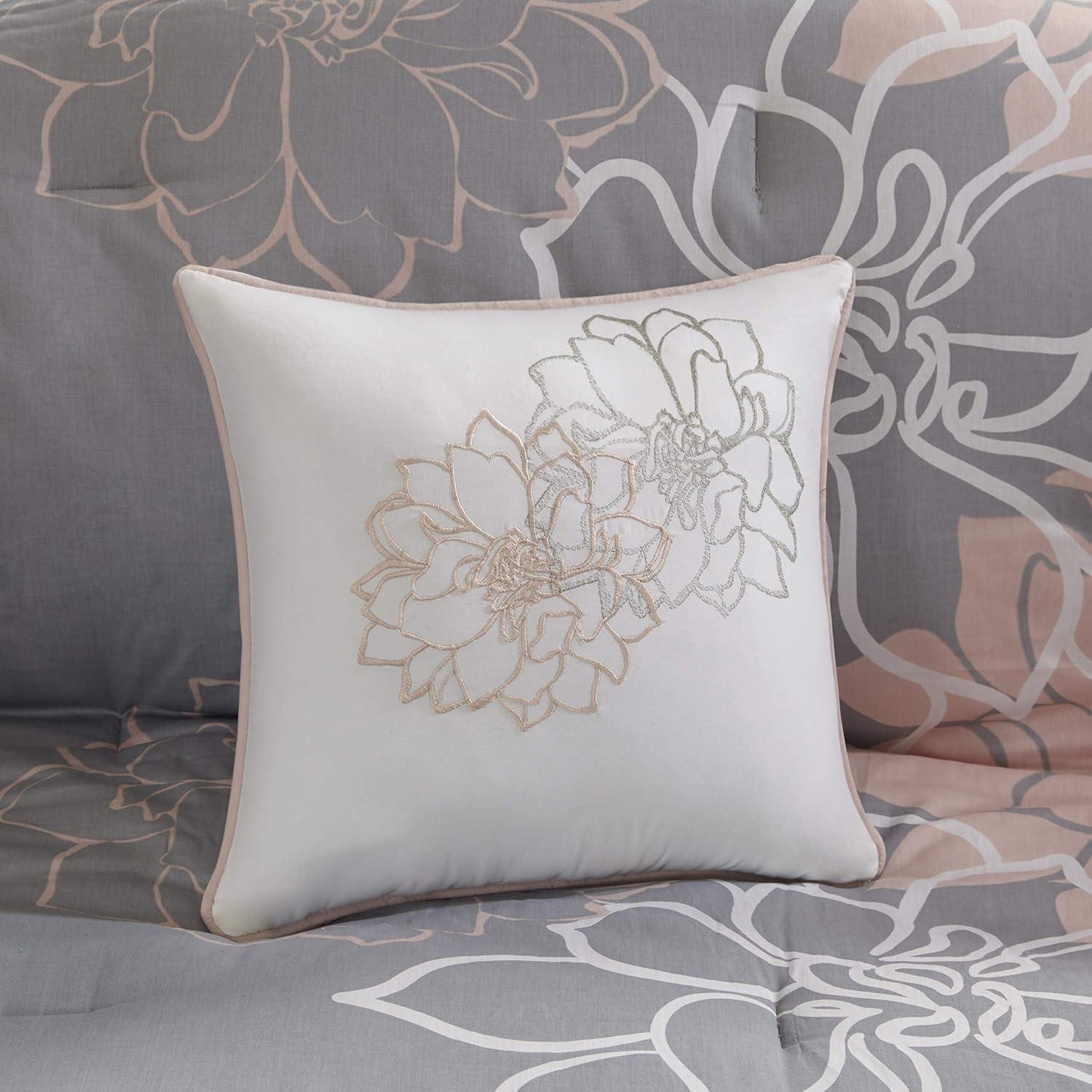 imageMadison Park Lola Sateen Cotton Comforter SetCasual Medallion Floral Design All Season Down Alternative Bedding Shams Bedskirt Decorative Pillows Queen GreyAqua 7 PieceTaupe GreyPeach