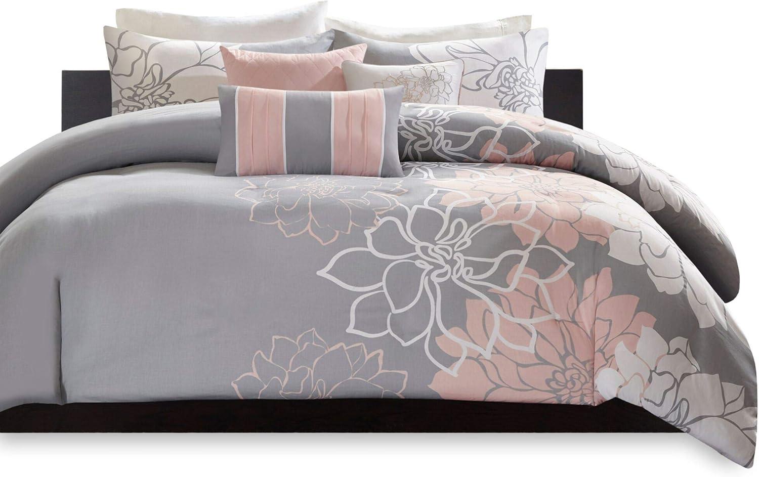 imageMadison Park Lola Sateen Cotton Comforter SetCasual Medallion Floral Design All Season Down Alternative Bedding Shams Bedskirt Decorative Pillows Queen GreyAqua 7 PieceTaupe GreyPeach