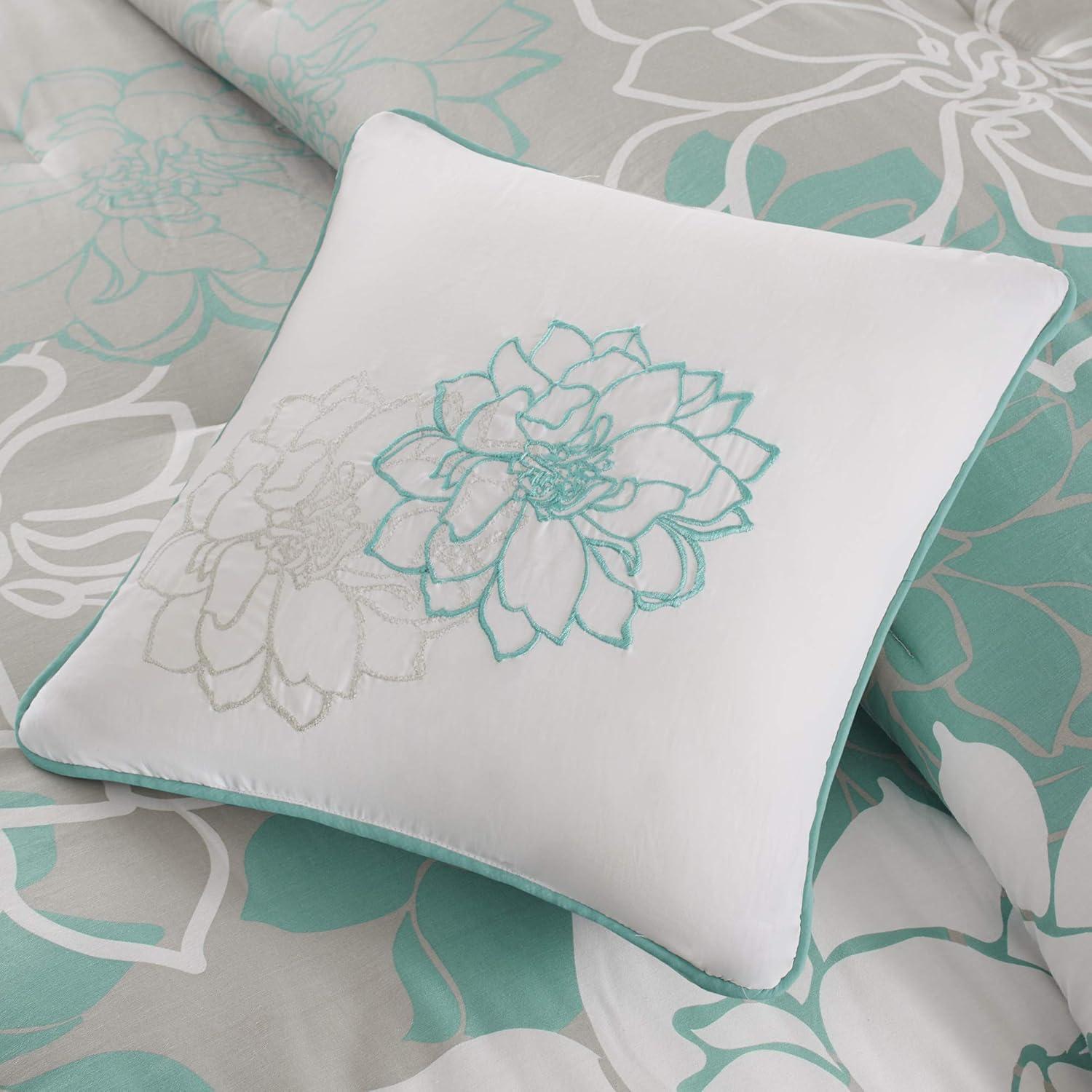 imageMadison Park Lola Sateen Cotton Comforter SetCasual Medallion Floral Design All Season Down Alternative Bedding Shams Bedskirt Decorative Pillows Queen GreyAqua 7 PieceFloral GreyAqua