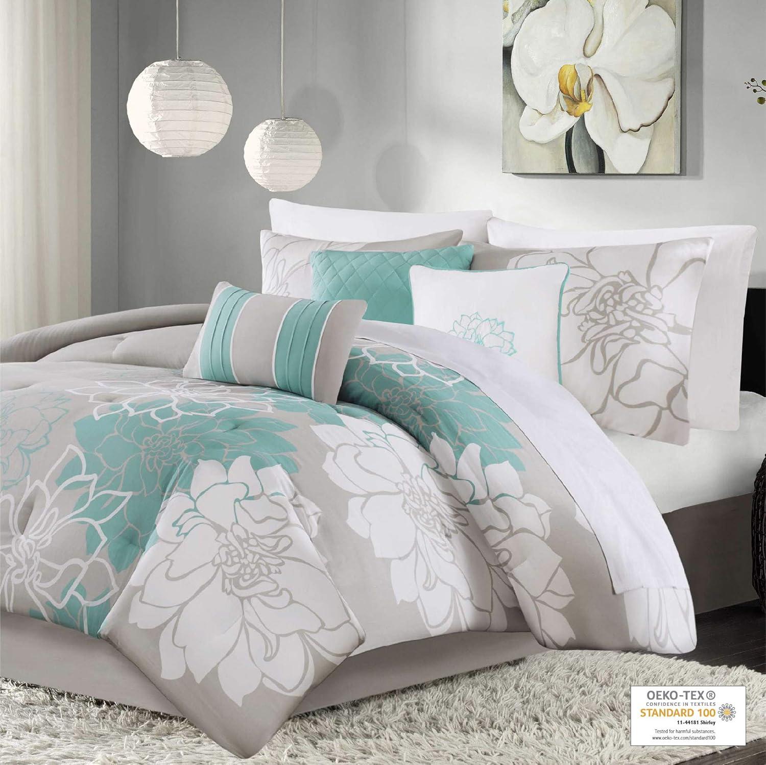 imageMadison Park Lola Sateen Cotton Comforter SetCasual Medallion Floral Design All Season Down Alternative Bedding Shams Bedskirt Decorative Pillows Queen GreyAqua 7 PieceFloral GreyAqua