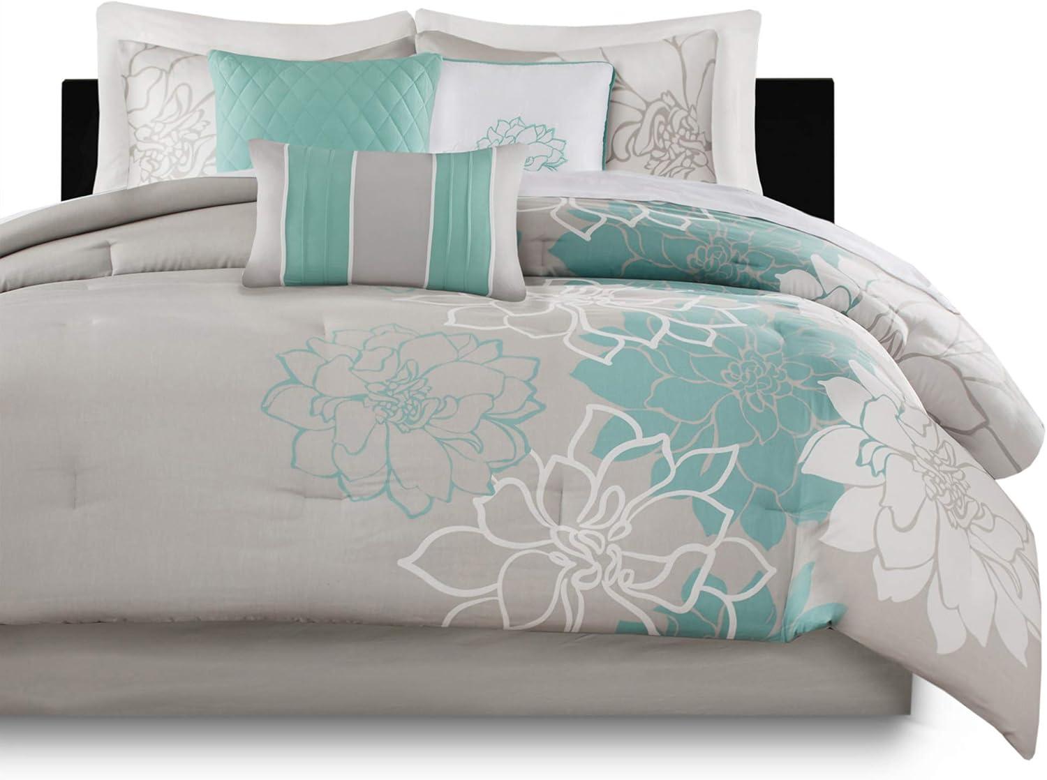 imageMadison Park Lola Sateen Cotton Comforter SetCasual Medallion Floral Design All Season Down Alternative Bedding Shams Bedskirt Decorative Pillows Queen GreyAqua 7 PieceFloral GreyAqua
