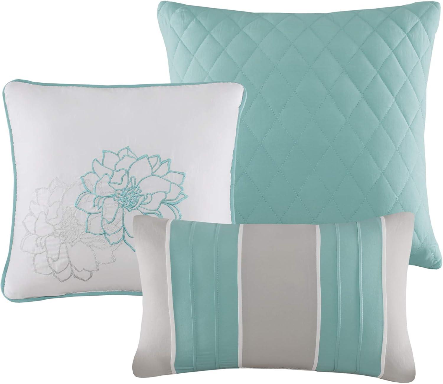 imageMadison Park Lola Sateen Cotton Comforter SetCasual Medallion Floral Design All Season Down Alternative Bedding Shams Bedskirt Decorative Pillows Queen GreyAqua 7 PieceFloral GreyAqua