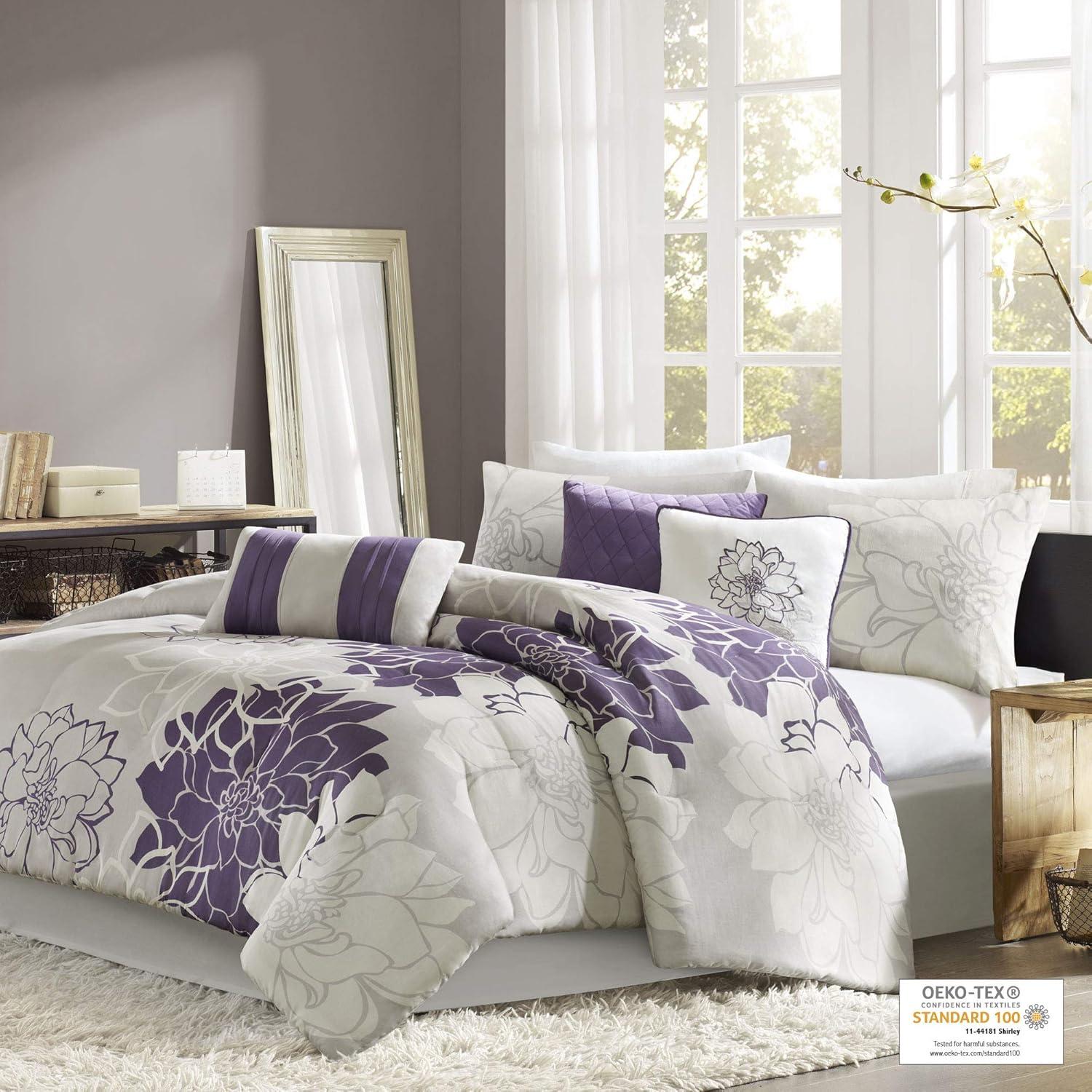 imageMadison Park Lola Sateen Cotton Comforter SetCasual Medallion Floral Design All Season Down Alternative Bedding Shams Bedskirt Decorative Pillows Queen GreyAqua 7 PieceFloral GreyPurple