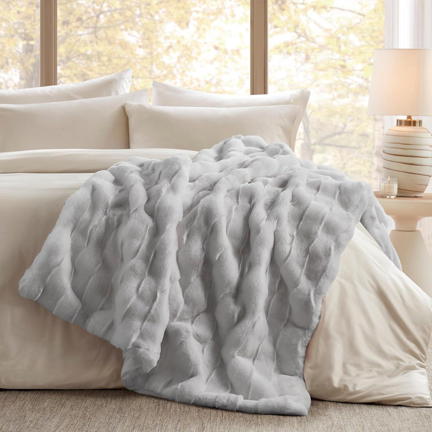 imageMadison Park Luxuriously Cozy Soft Long Faux Fur Throw Basketweave Blanket Reversible Soft ampamp Snuggly Velvet Throw Lightweight Breathable Trendy Room Dcor Summer Blanket 50x60 IvoryLight Grey