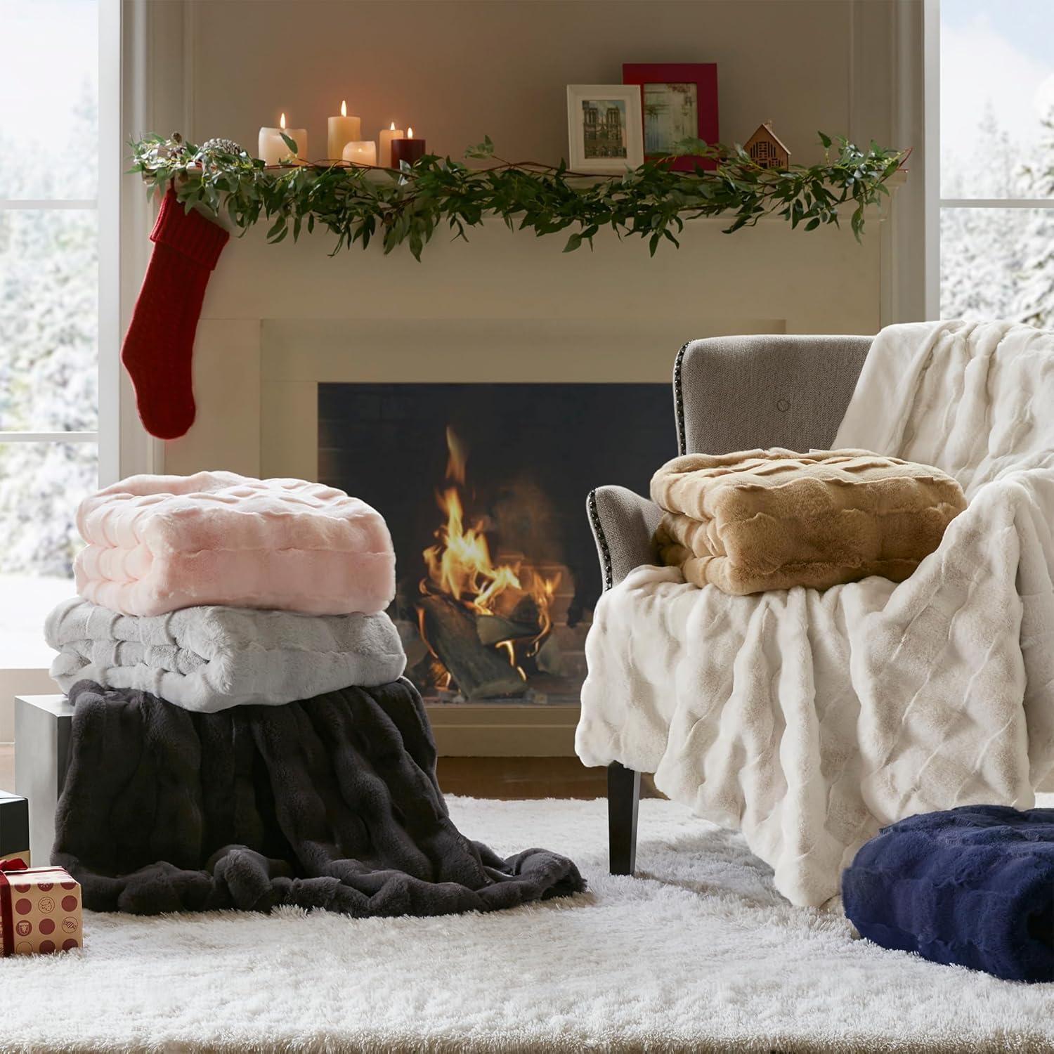 imageMadison Park Luxuriously Cozy Soft Long Faux Fur Throw Basketweave Blanket Reversible Soft ampamp Snuggly Velvet Throw Lightweight Breathable Trendy Room Dcor Summer Blanket 50x60 IvoryLight Grey