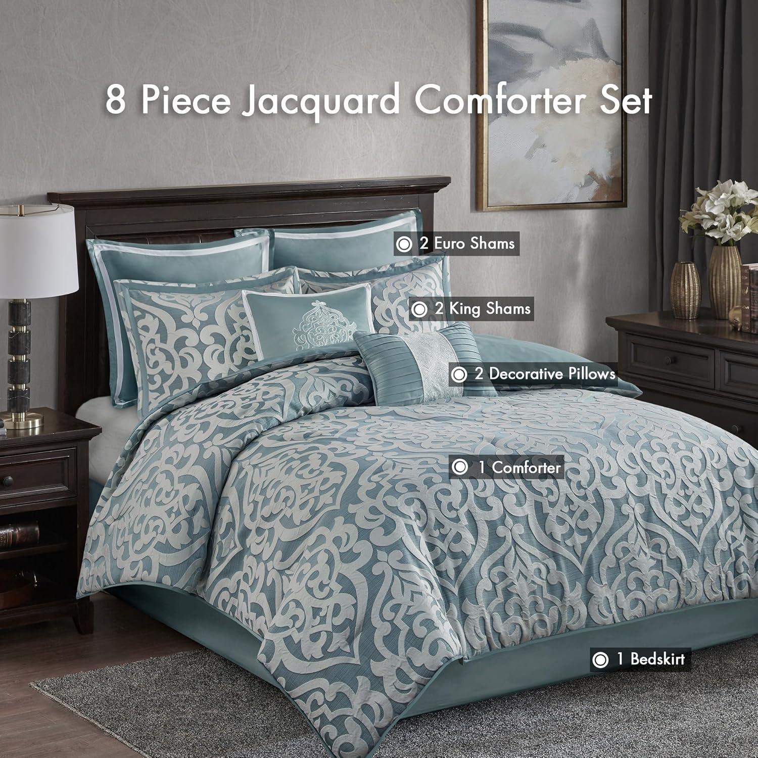 imageMadison Park Odette Cozy Comforter Set Jacquard Damask Medallion Design Modern All Season Down Alternative Bedding Shams Decorative Pillows King104 in x 92 in Silver 8 PieceAquaGrey