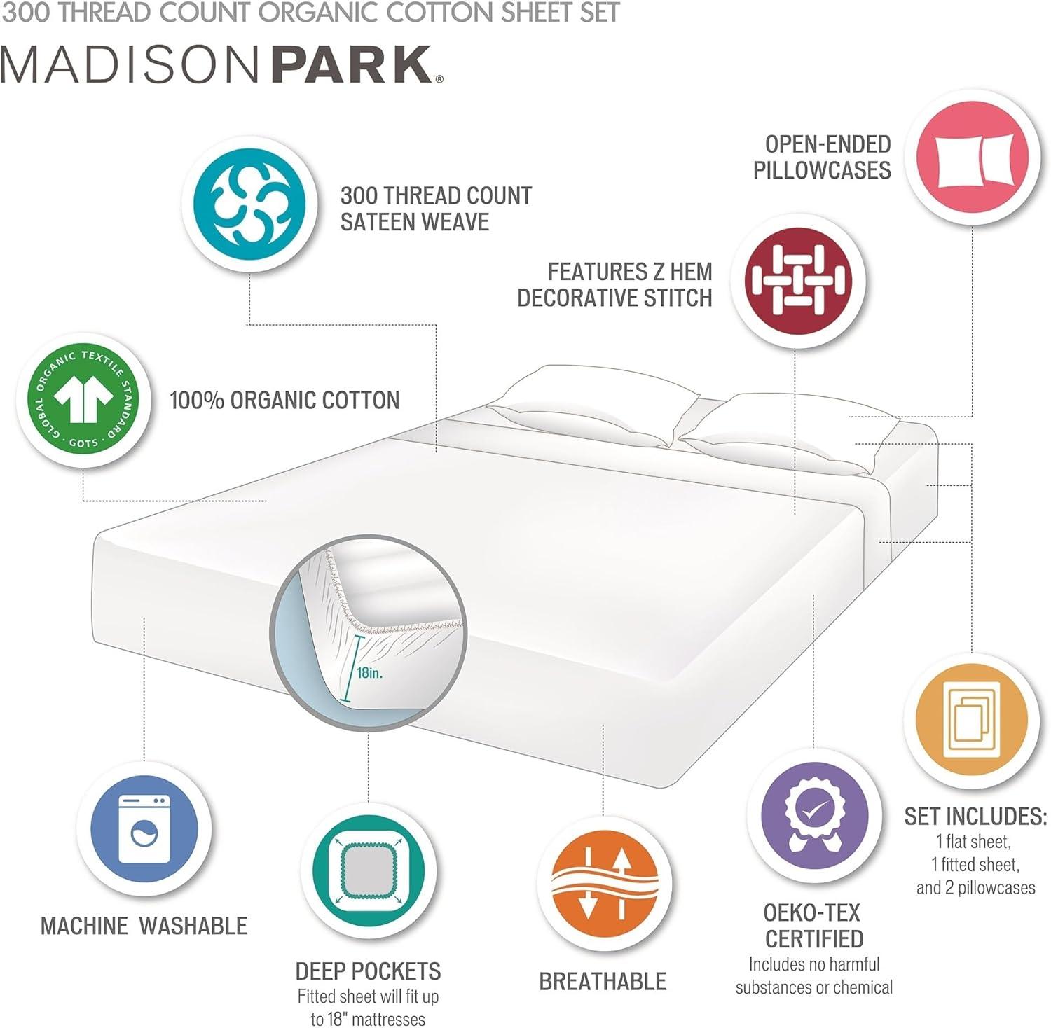 imageMadison Park Organic Cotton Sheet Soft ampamp Breathable 300TC Cotton Sheets Elastic Deep Pocket Sheet Set Fits Up to 18quot Mattress All Seasons Lightweight 100 Cotton Bed Sheets Queen Taupe 4 PieceTaupe