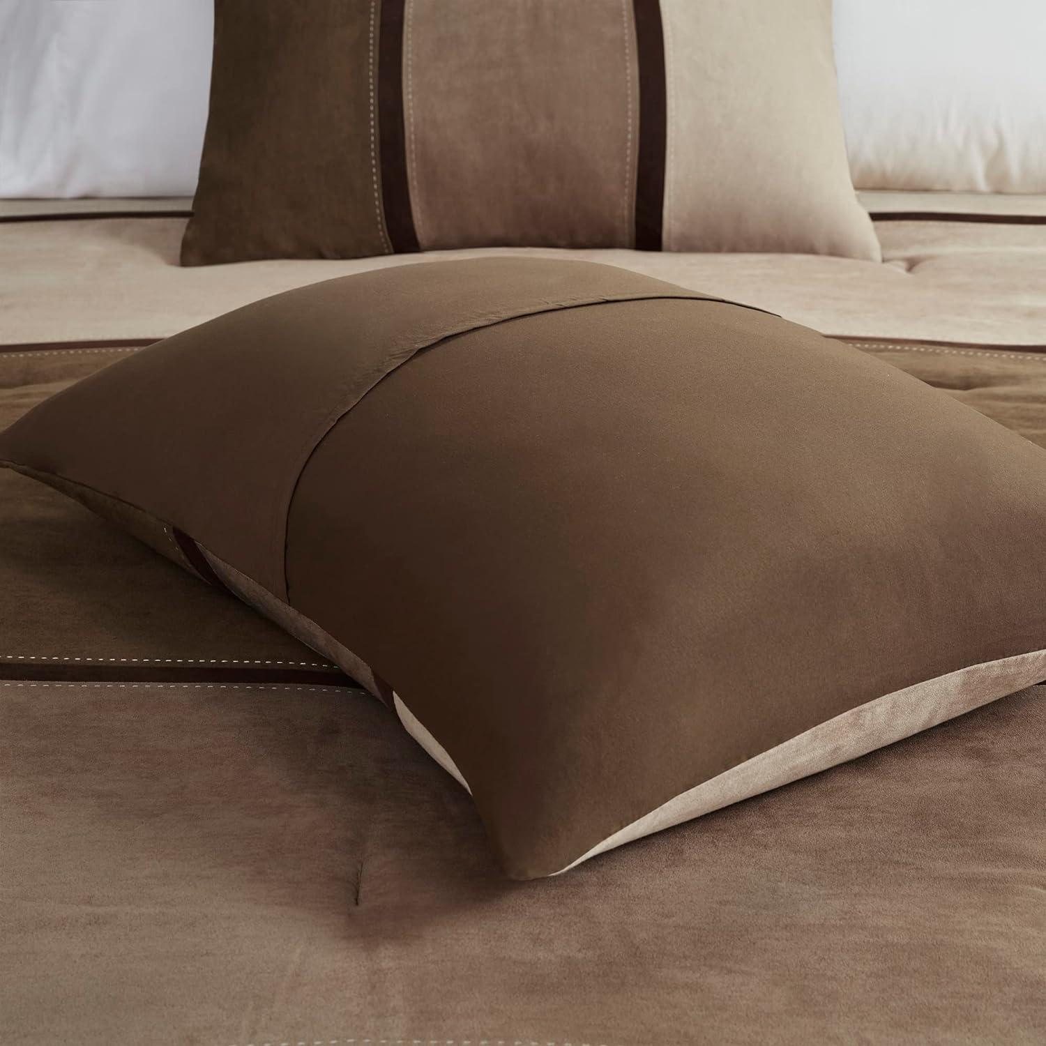 imageMadison Park Palisades Comforter Set Modern Faux Suede Pieced Stripe Design All Season Down Alternative Cozy Bedding with Matching Shams Decorative Pillows King104quotx92quot Black 7 PieceBrown 7pcs