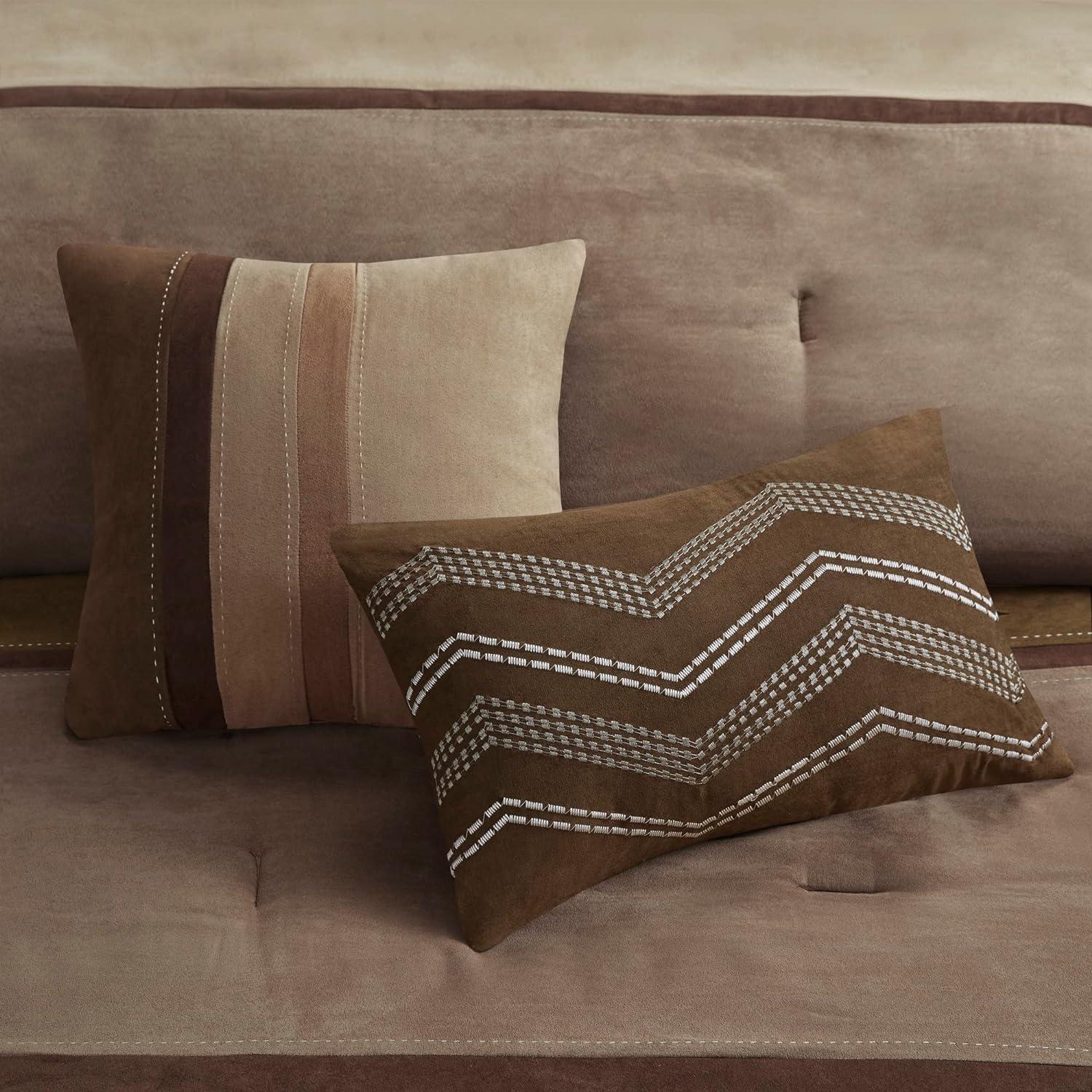 imageMadison Park Palisades Comforter Set Modern Faux Suede Pieced Stripe Design All Season Down Alternative Cozy Bedding with Matching Shams Decorative Pillows King104quotx92quot Black 7 PieceBrown 7pcs