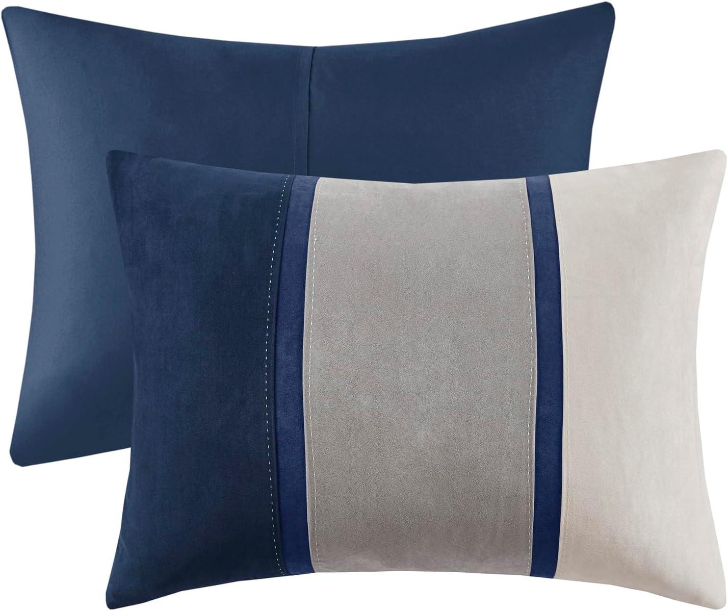 imageMadison Park Palisades Comforter Set Modern Faux Suede Pieced Stripe Design All Season Down Alternative Cozy Bedding with Matching Shams Decorative Pillows King104quotx92quot Black 7 PieceBlue 7pcs