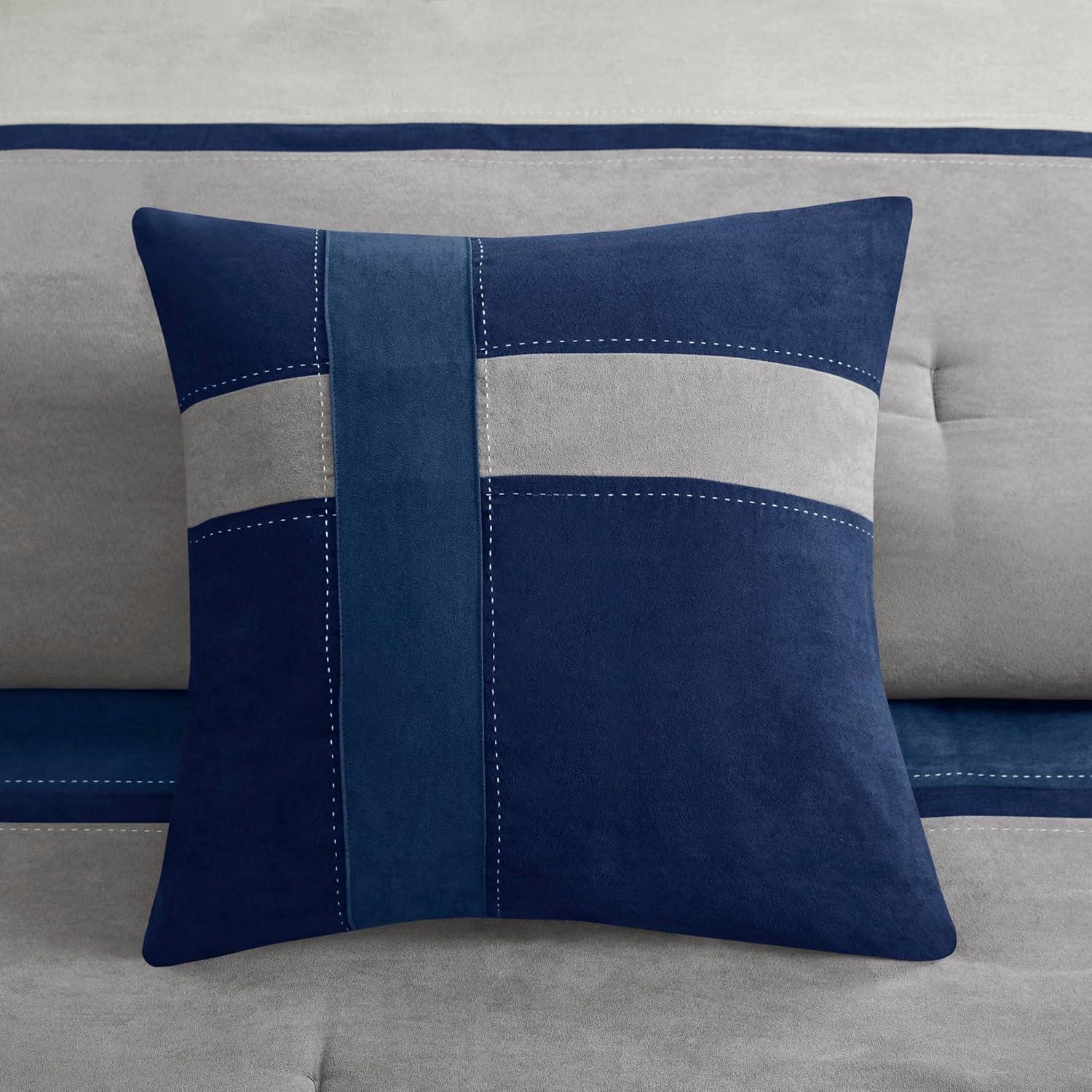 imageMadison Park Palisades Comforter Set Modern Faux Suede Pieced Stripe Design All Season Down Alternative Cozy Bedding with Matching Shams Decorative Pillows King104quotx92quot Black 7 PieceBlue 7pcs