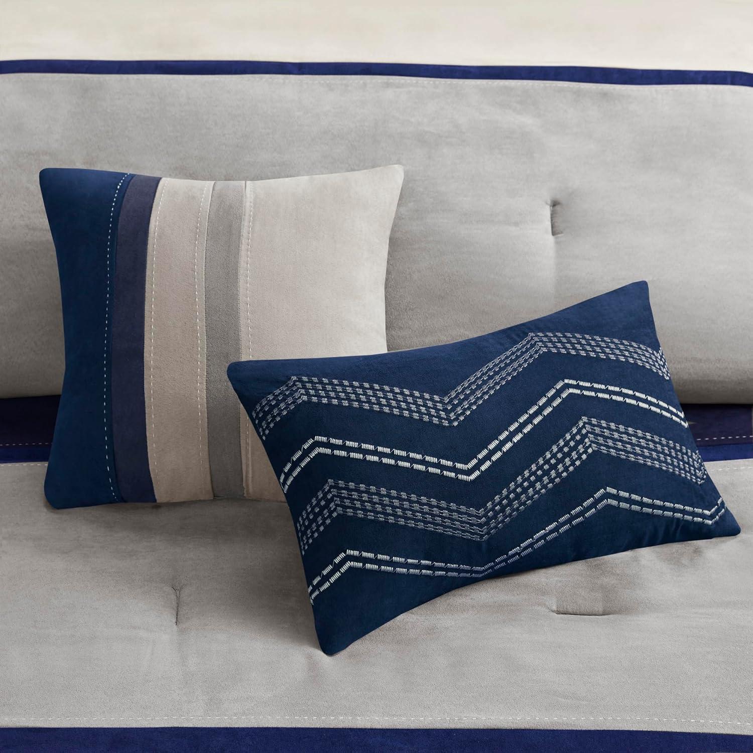 imageMadison Park Palisades Comforter Set Modern Faux Suede Pieced Stripe Design All Season Down Alternative Cozy Bedding with Matching Shams Decorative Pillows King104quotx92quot Black 7 PieceBlue 7pcs