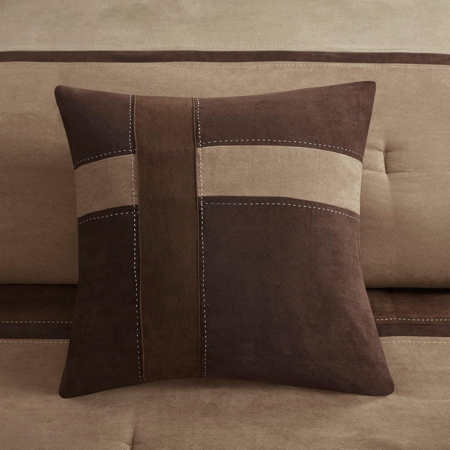 imageMadison Park Palisades Comforter Set Modern Faux Suede Pieced Stripe Design All Season Down Alternative Cozy Bedding with Matching Shams Decorative Pillows King104quotx92quot Black 7 PieceBrown 7pcs