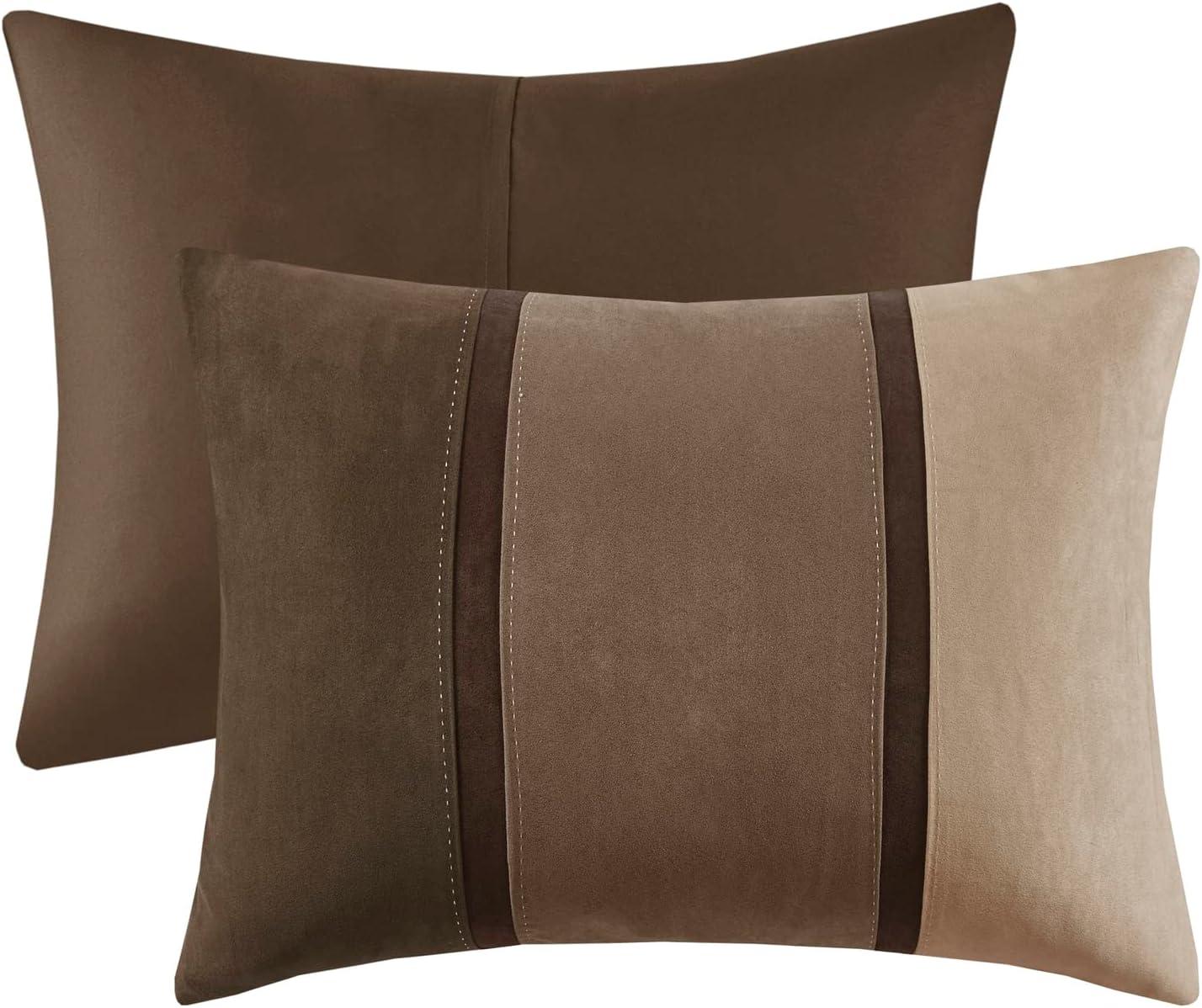 imageMadison Park Palisades Comforter Set Modern Faux Suede Pieced Stripe Design All Season Down Alternative Cozy Bedding with Matching Shams Decorative Pillows King104quotx92quot Black 7 PieceBrown 7pcs