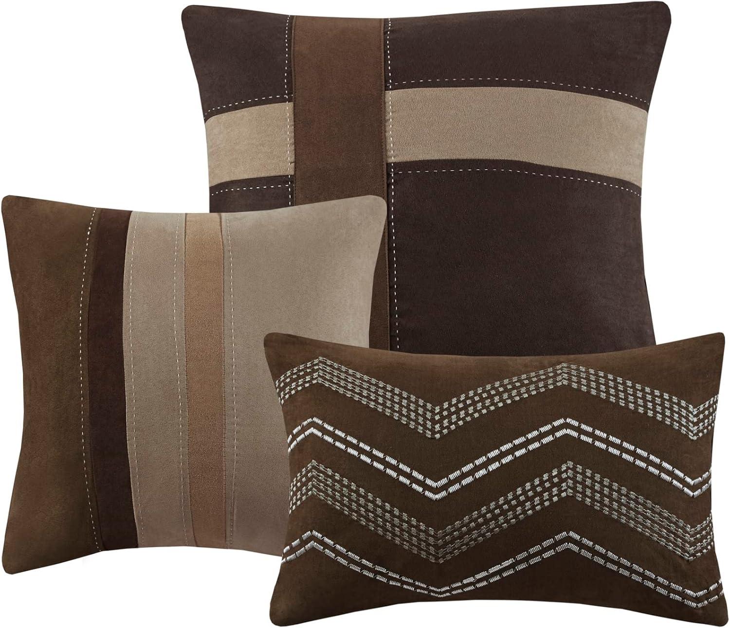 imageMadison Park Palisades Comforter Set Modern Faux Suede Pieced Stripe Design All Season Down Alternative Cozy Bedding with Matching Shams Decorative Pillows King104quotx92quot Black 7 PieceBrown 7pcs