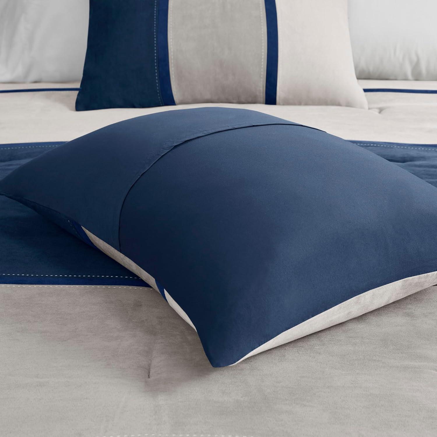 imageMadison Park Palisades Comforter Set Modern Faux Suede Pieced Stripe Design All Season Down Alternative Cozy Bedding with Matching Shams Decorative Pillows King104quotx92quot Black 7 PieceBlue 7pcs