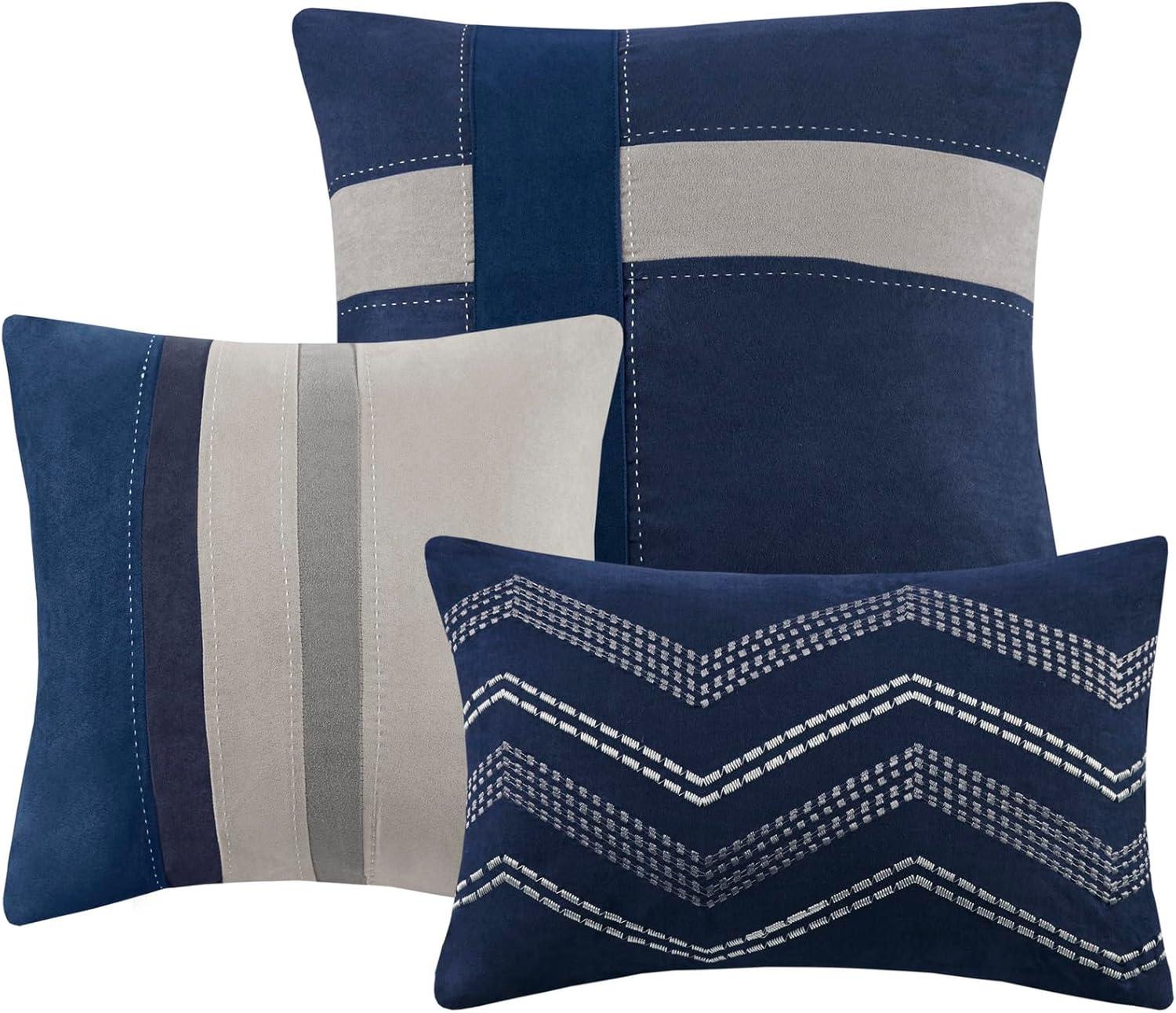 imageMadison Park Palisades Comforter Set Modern Faux Suede Pieced Stripe Design All Season Down Alternative Cozy Bedding with Matching Shams Decorative Pillows King104quotx92quot Black 7 PieceBlue 7pcs