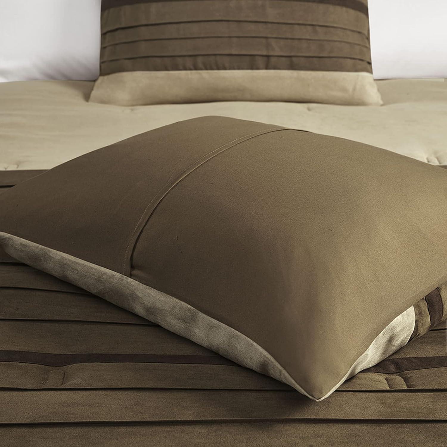 imageMadison Park Palmer Comforter SetLuxury Faux Suede Design Striped Accent All Season Down Alternative Bedding Matching Shams Decorative Pillow Bed Skirt Queen 90 in x 90 in Red 7 PieceNatural