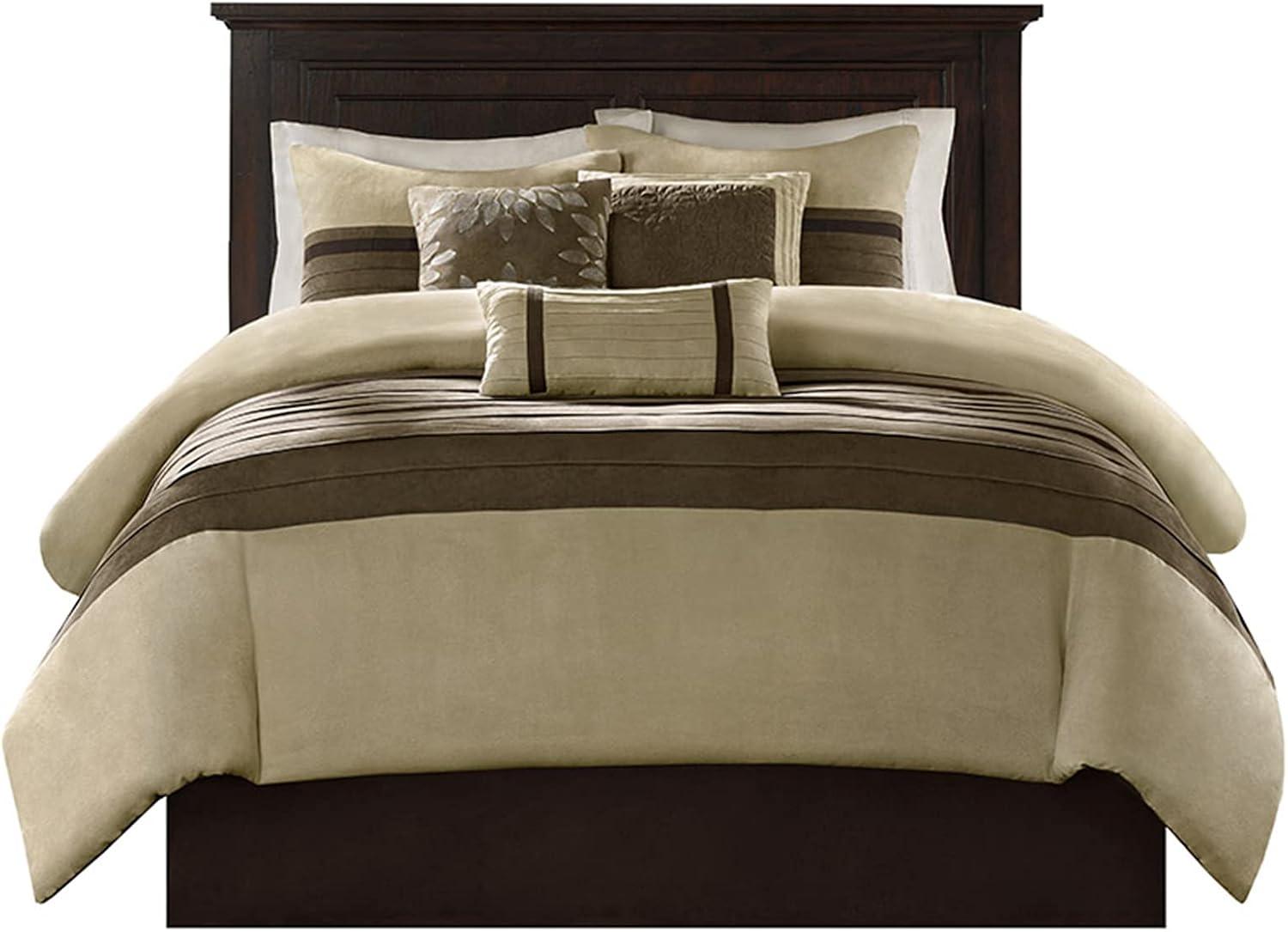 imageMadison Park Palmer Comforter SetLuxury Faux Suede Design Striped Accent All Season Down Alternative Bedding Matching Shams Decorative Pillow Bed Skirt Queen 90 in x 90 in Red 7 PieceNatural