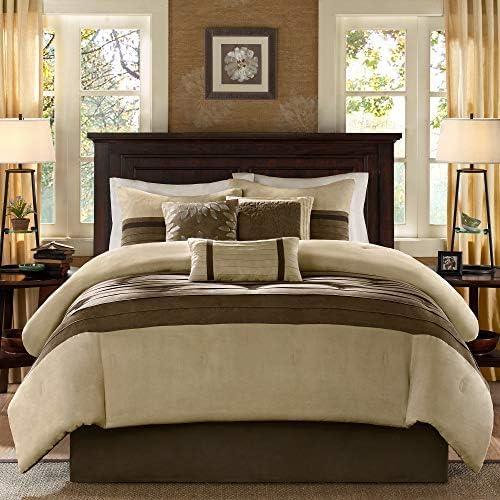 imageMadison Park Palmer Comforter SetLuxury Faux Suede Design Striped Accent All Season Down Alternative Bedding Matching Shams Decorative Pillow Bed Skirt Queen 90 in x 90 in Red 7 PieceNatural