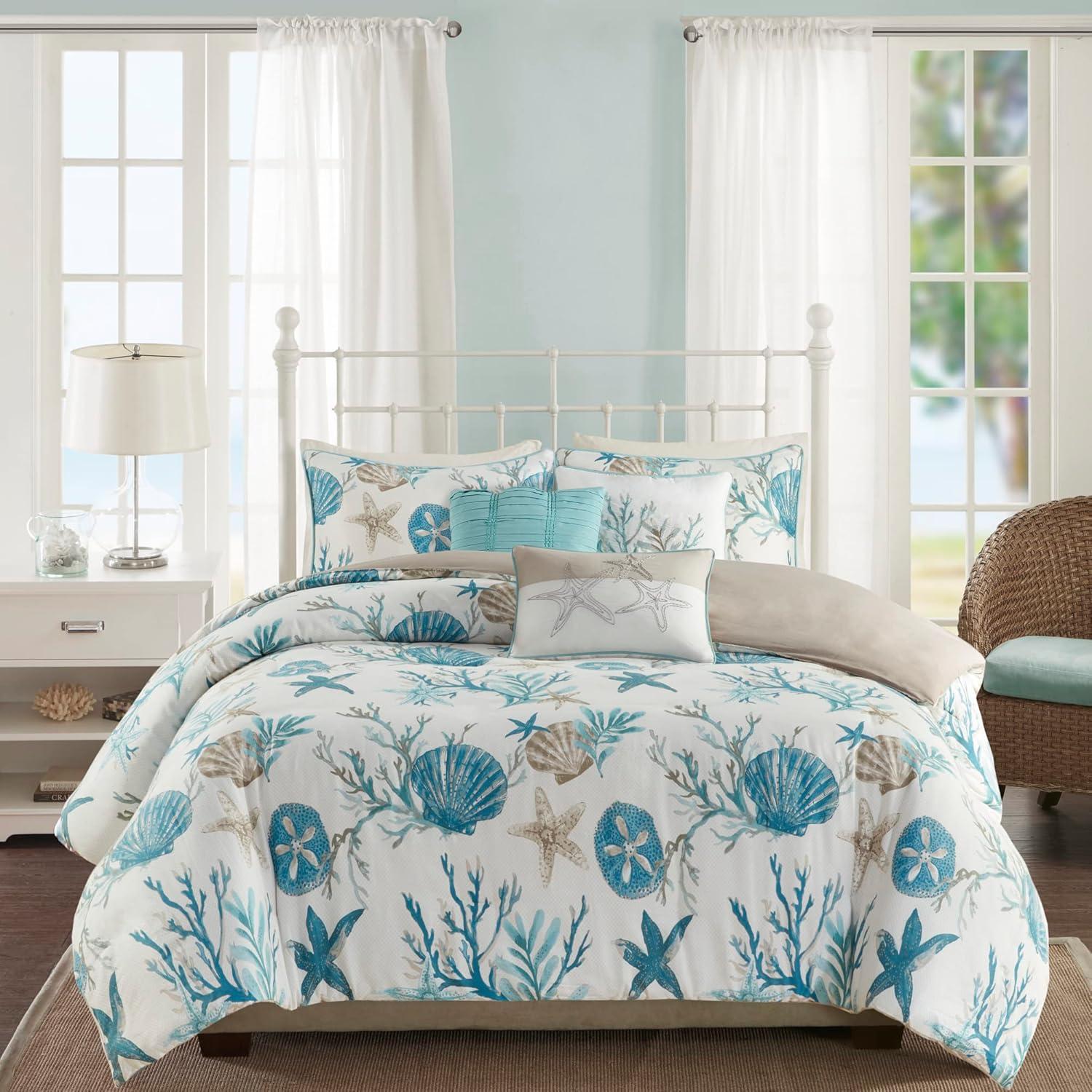 imageMadison Park Pebble Beach Cotton Duvet Set Coastal Starfish Sealife Design All Season Breathable Comforter Cover Bedding Matching Shams Decorative Pillows Coral FullQueen90quotx90quot 6 PieceAqua