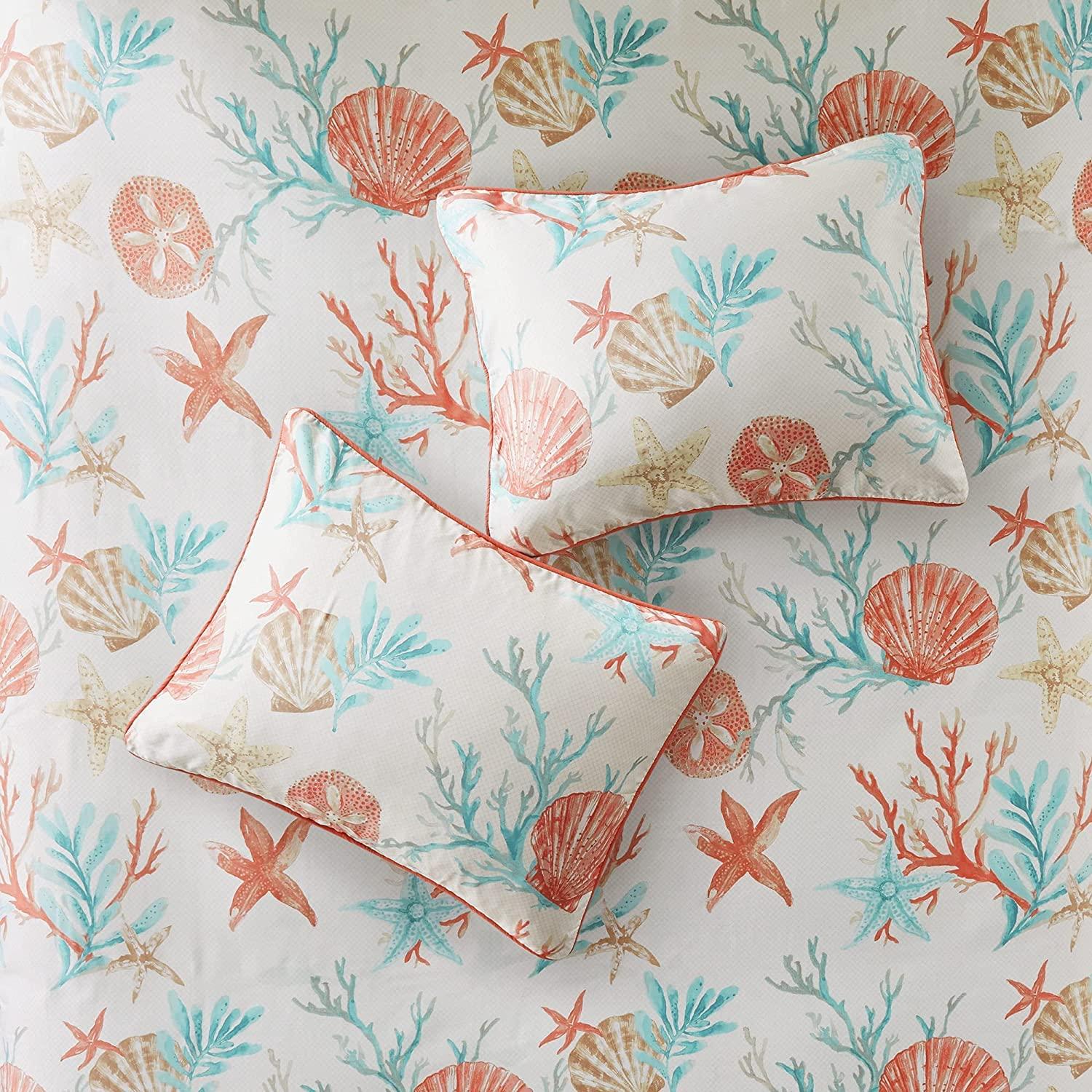 imageMadison Park Pebble Beach Cotton Duvet Set Coastal Starfish Sealife Design All Season Breathable Comforter Cover Bedding Matching Shams Decorative Pillows Coral FullQueen90quotx90quot 6 PieceCoral