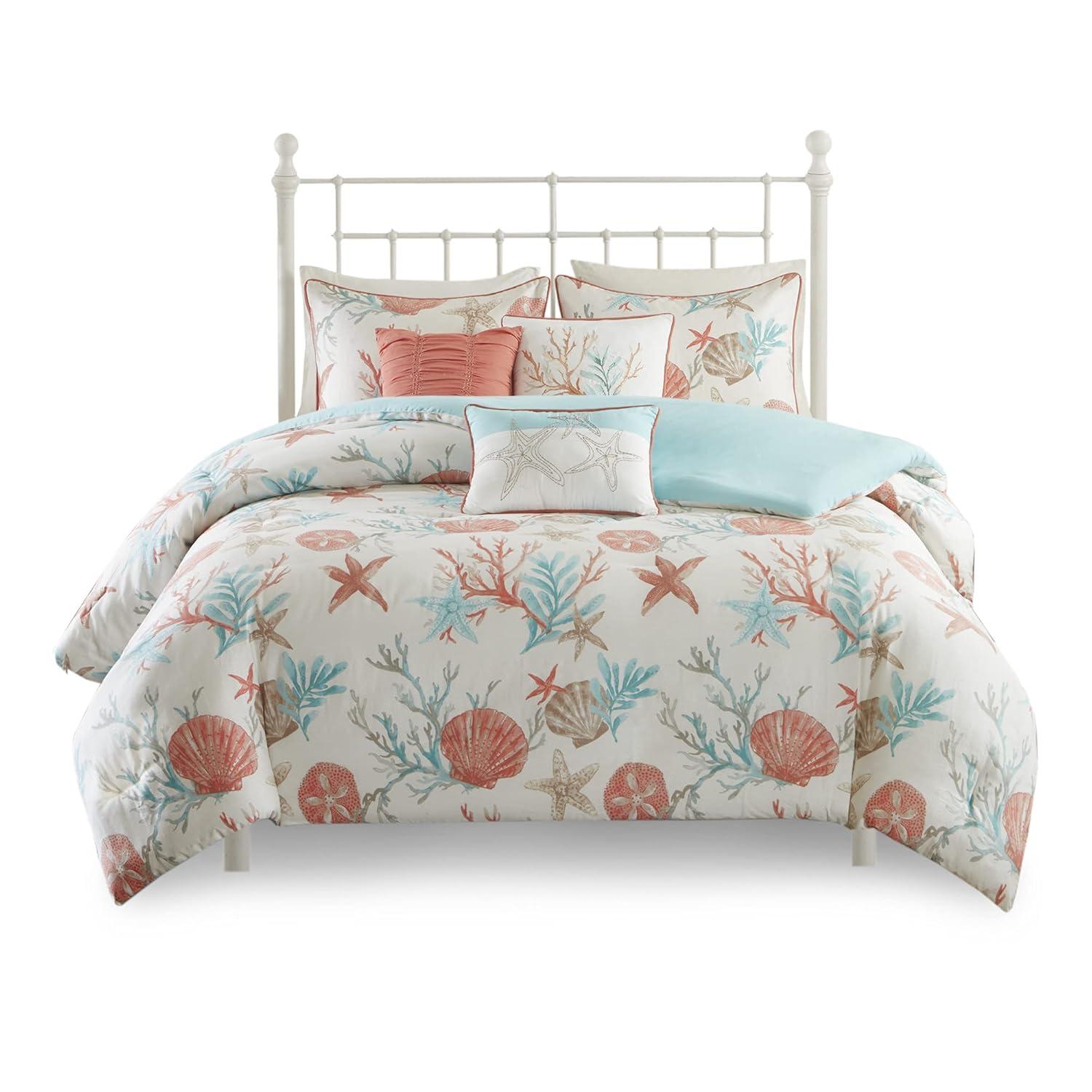 imageMadison Park Pebble Beach Cotton Duvet Set Coastal Starfish Sealife Design All Season Breathable Comforter Cover Bedding Matching Shams Decorative Pillows Coral FullQueen90quotx90quot 6 PieceCoral