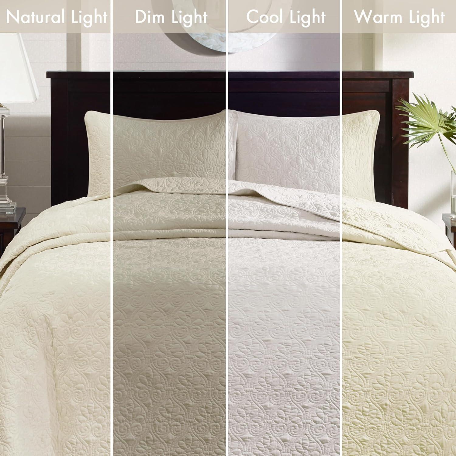 imageMadison Park Quebec King Size Quilt Bedding Set Cream Damask 3 Piece Bedding Quilt Coverlets Ultra Soft Microfiber Bed Quilts Quilted Coverlet