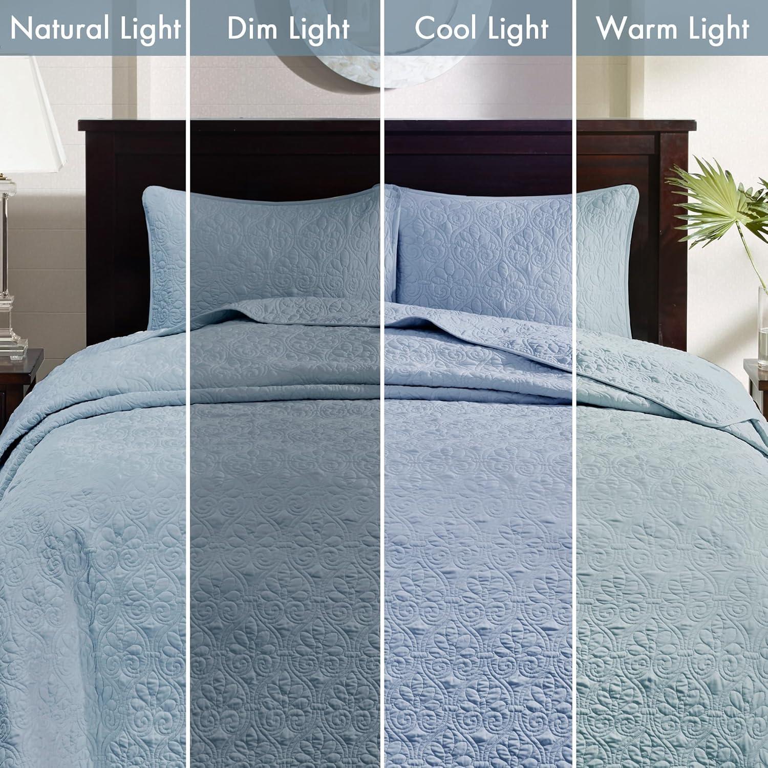 imageMadison Park Quebec Queen Size Quilt Bedding Set Ivory Damask 3 Piece Bedding Quilt Coverlets Ultra Soft Microfiber Bed Quilts Quilted CoverletBlue